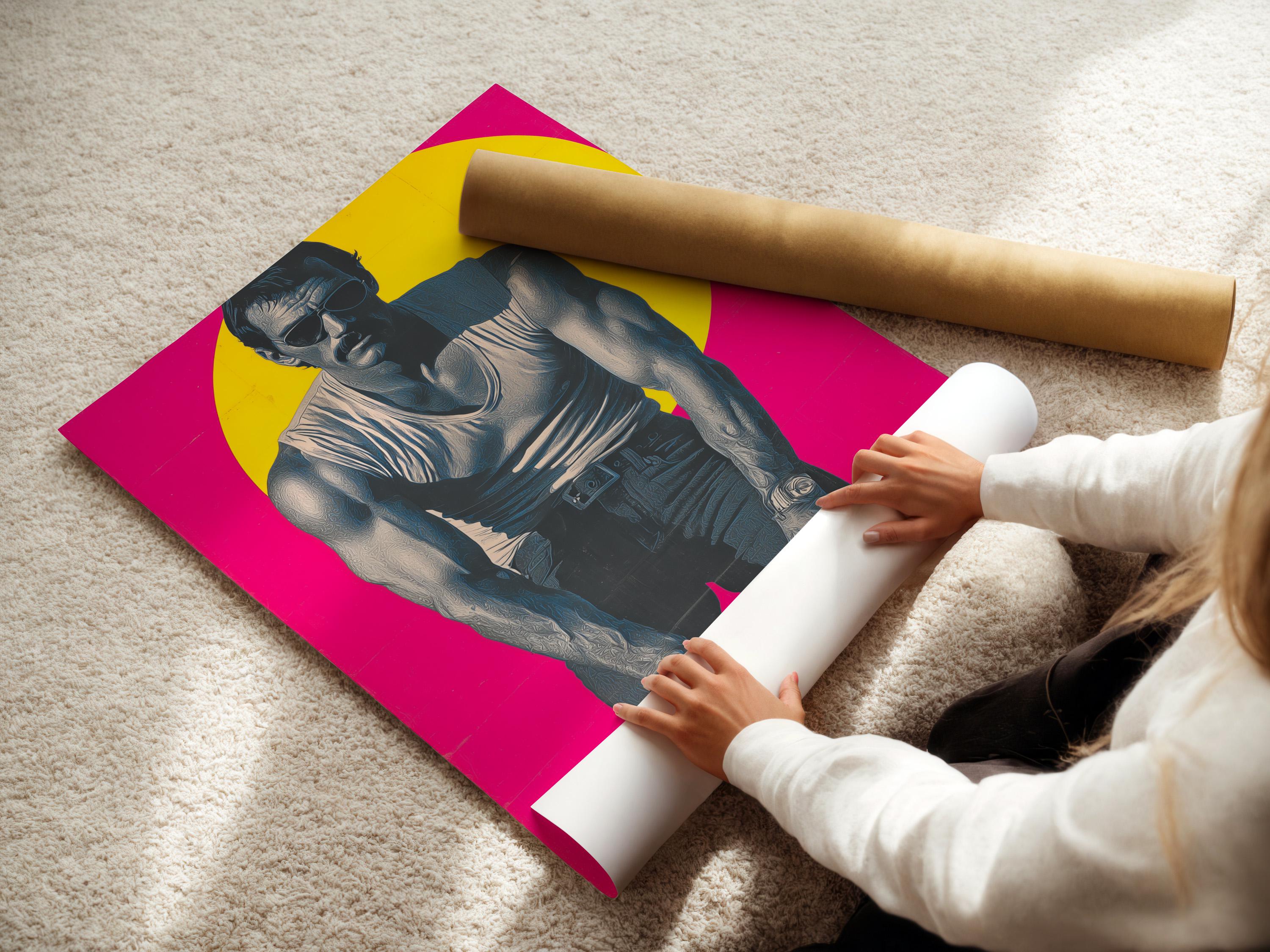 Retro pop art portrait of a man with sunglasses and tattoos on a hot pink background detail view