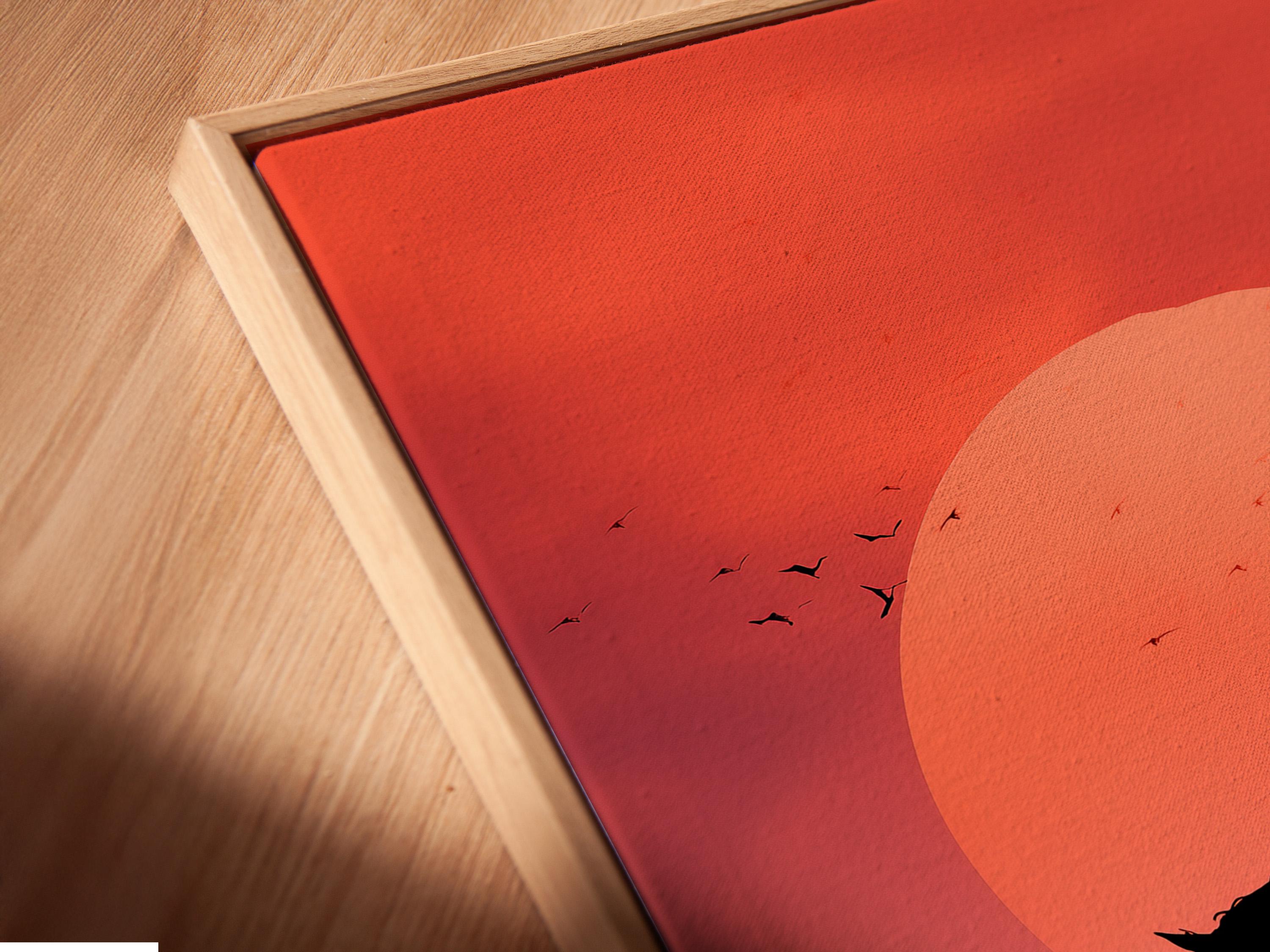Red sunset circle with a dark horse rider silhouette holding a spear, birds in flight and silhouetted grasses detail view