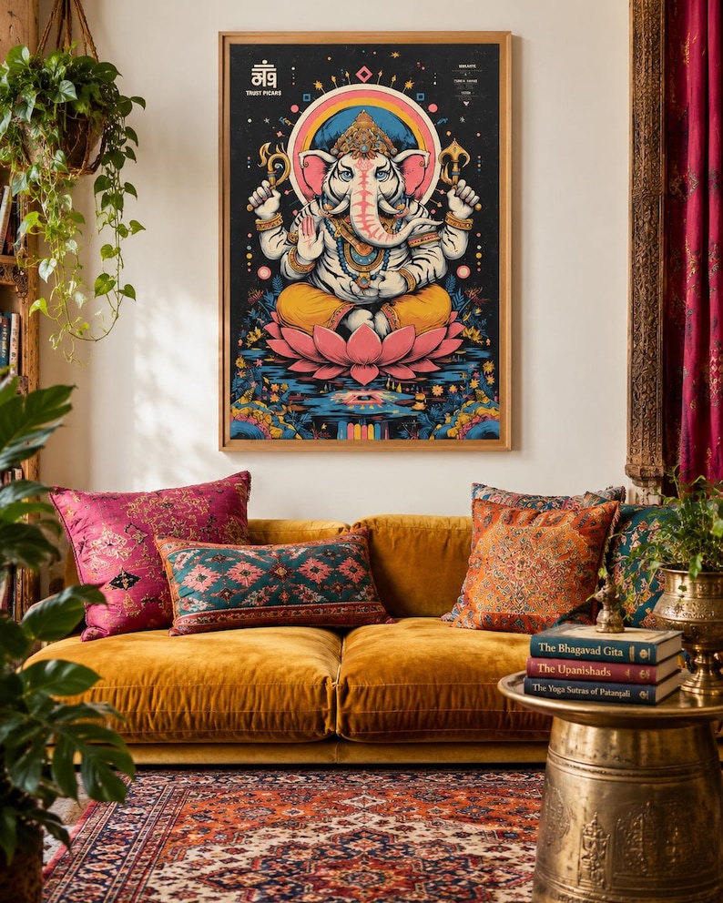 Colourful elephant-headed deity seated above a pink lotus on a dark starry background
