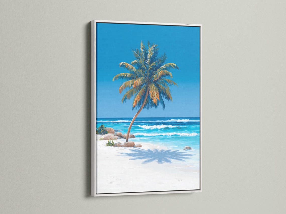 Tropical beach scene with a palm tree, turquoise ocean waves, and a blue sky detail view