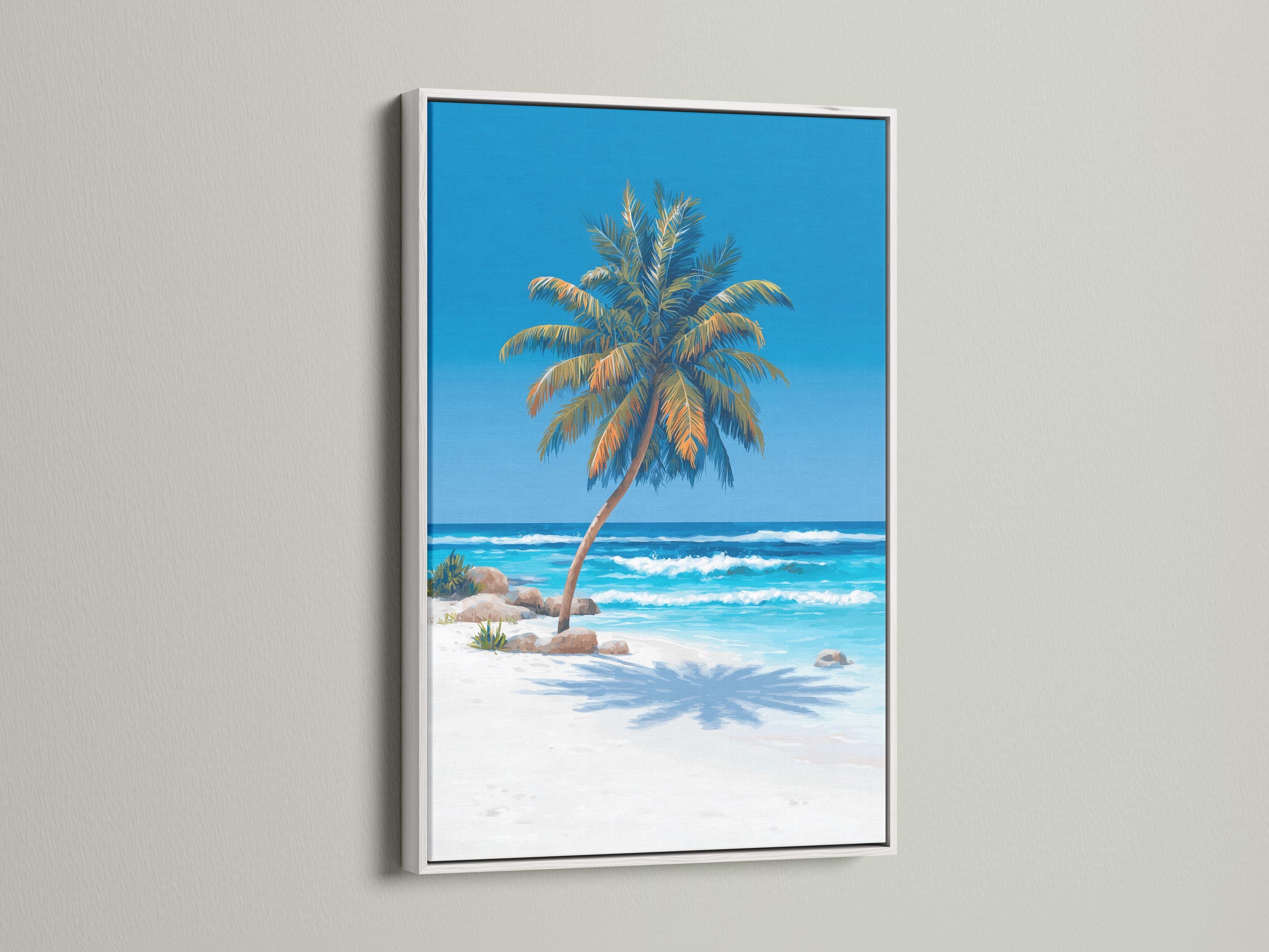 Tropical beach scene with a palm tree, turquoise ocean waves, and a blue sky detail view