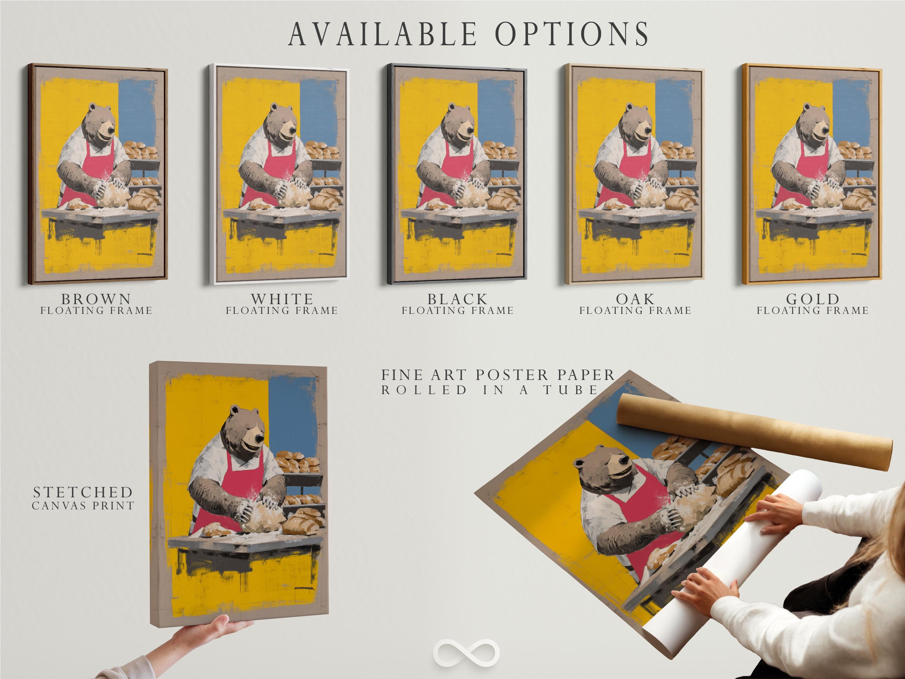Bear chef artwork shown framed on a wall with alternate frame styles nearby