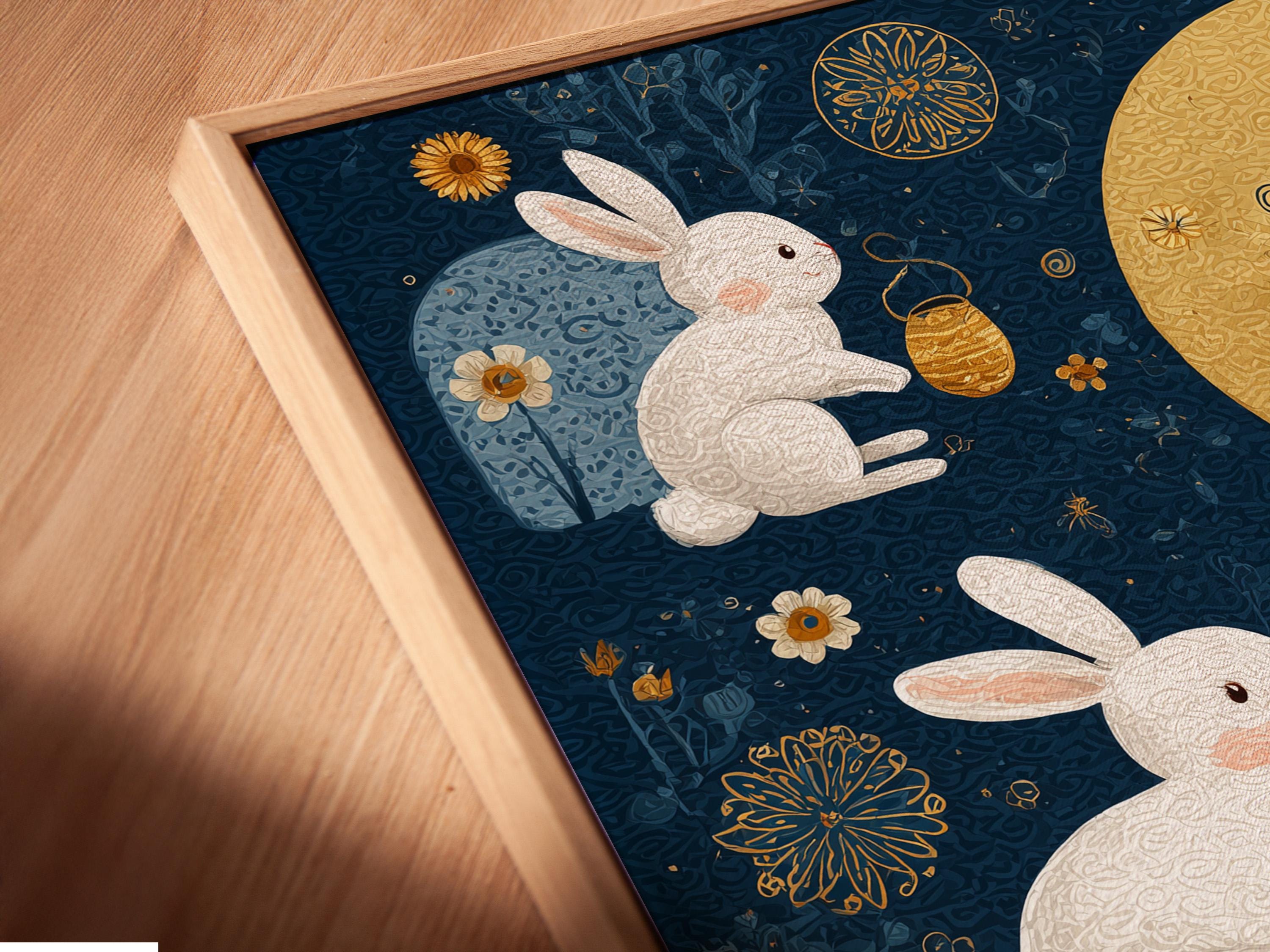 Celestial illustration of white rabbits around a gold moon on a midnight blue background detail view