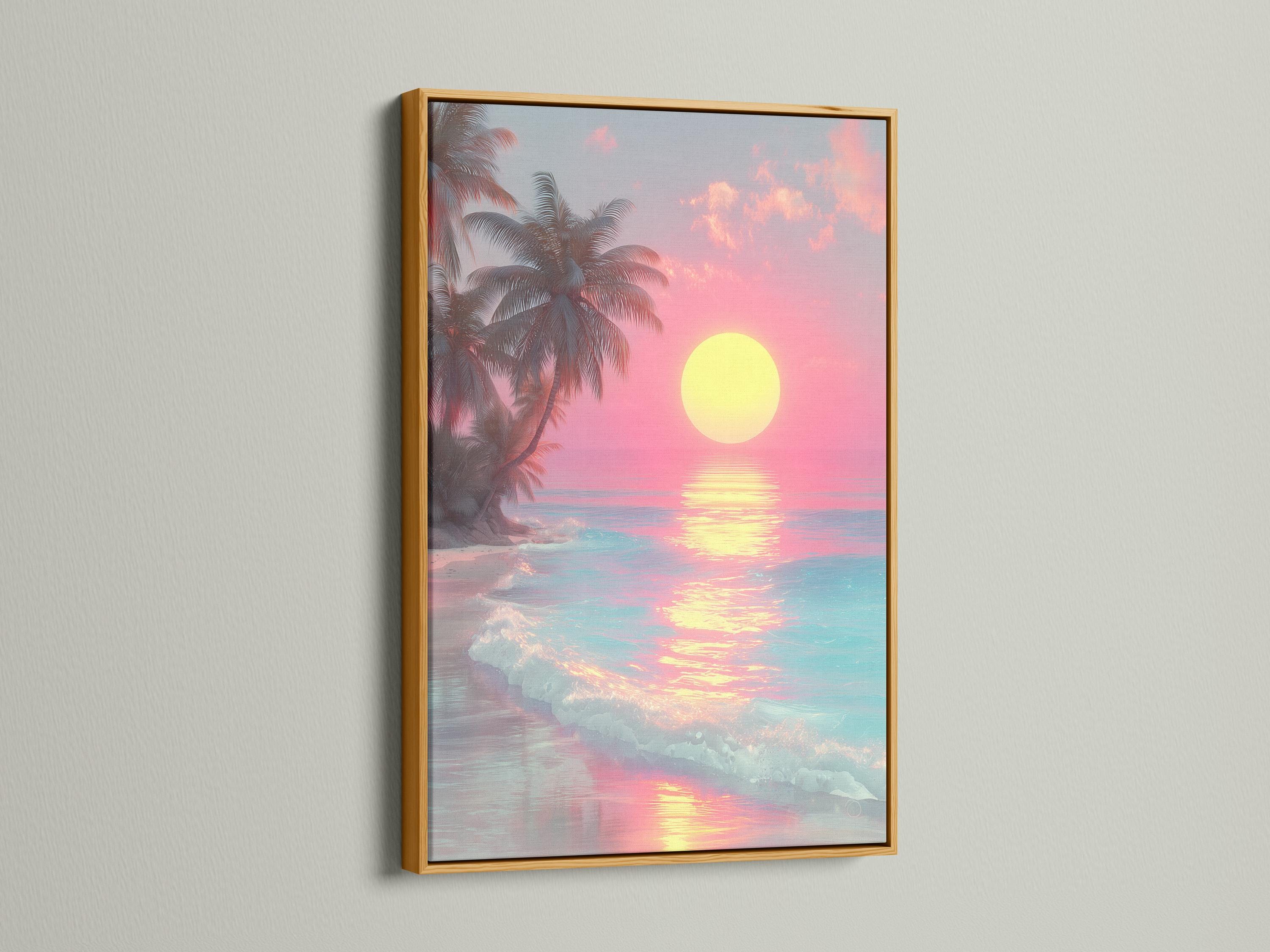 A framed tropical seascape shows a bright yellow sun over pink and turquoise water, with palm silhouettes and glowing reflections detail view