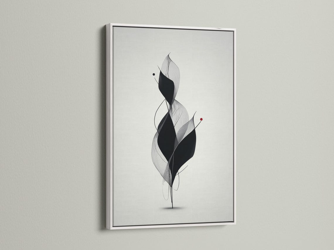 Monochrome abstract flower line art with layered black petals, fine curves and a small red dot detail view