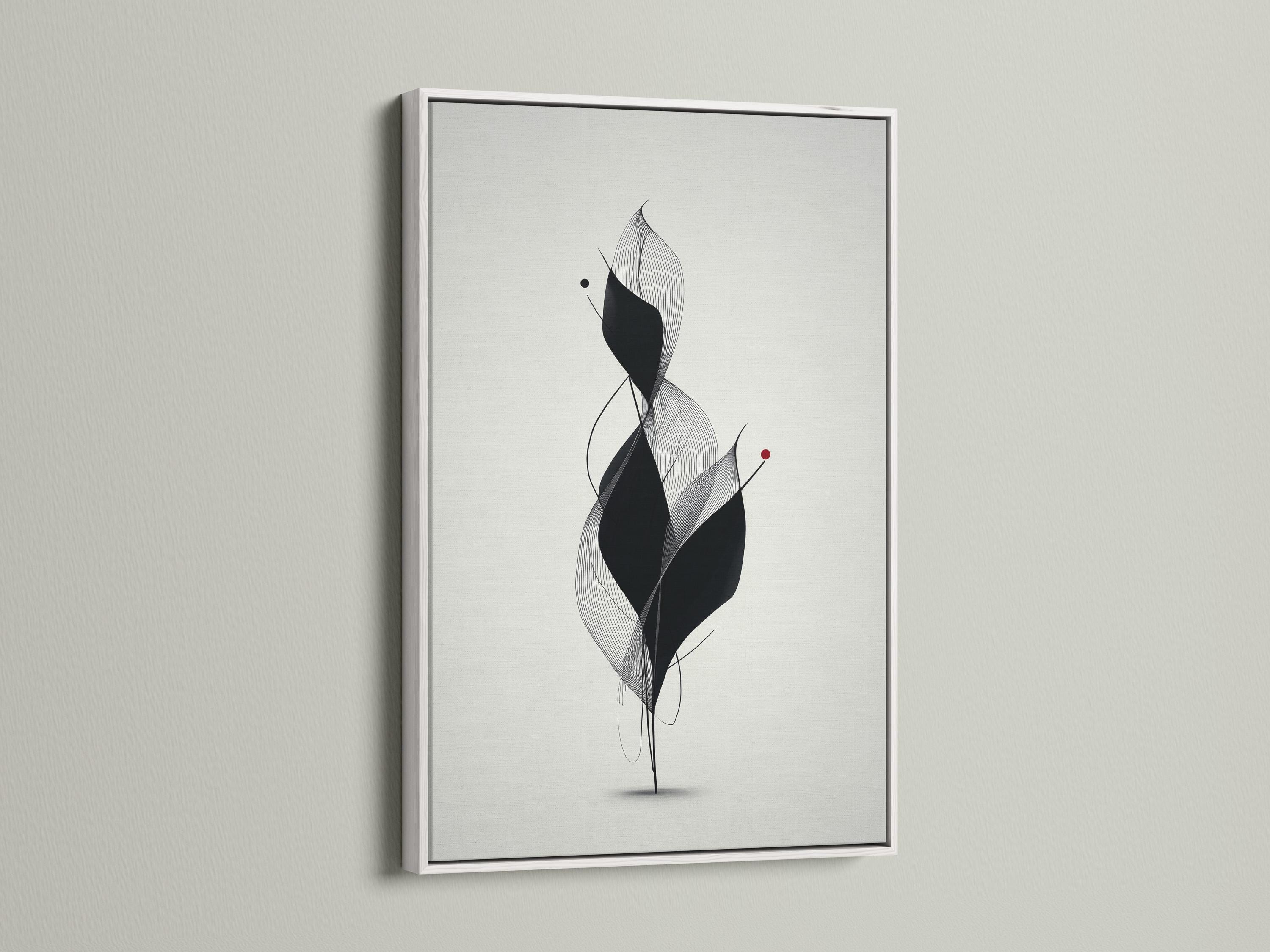 Monochrome abstract flower line art with layered black petals, fine curves and a small red dot detail view