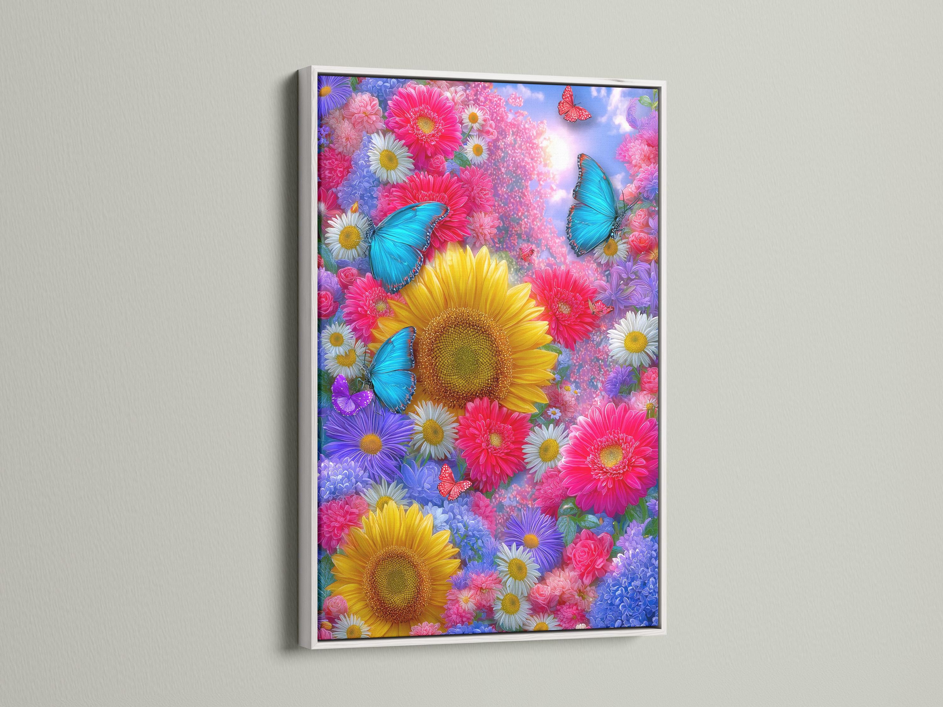 Framed butterfly and sunflower floral artwork mockup on a neutral background