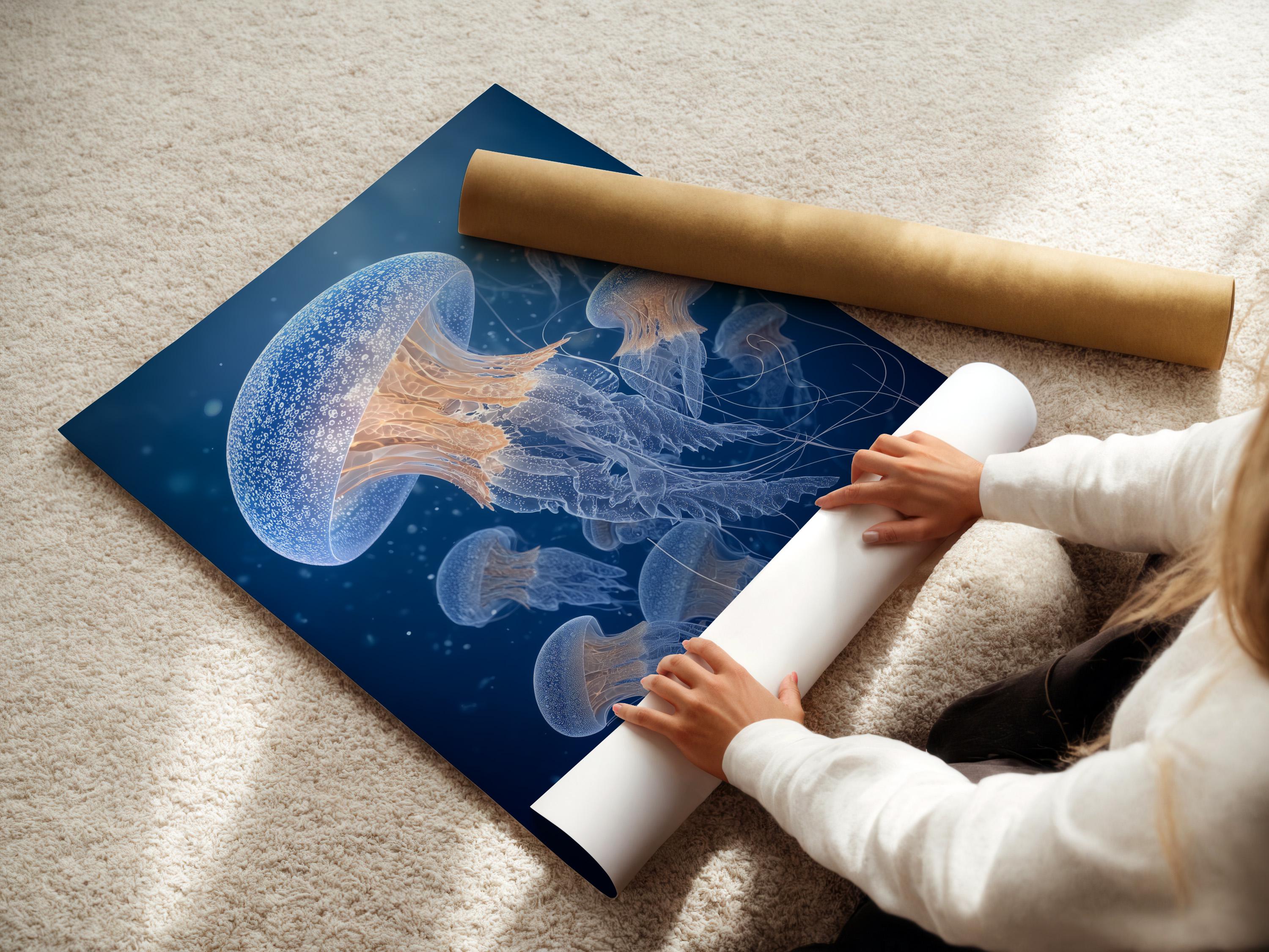 A framed artwork showing blue jellyfish on a deep navy ocean background
