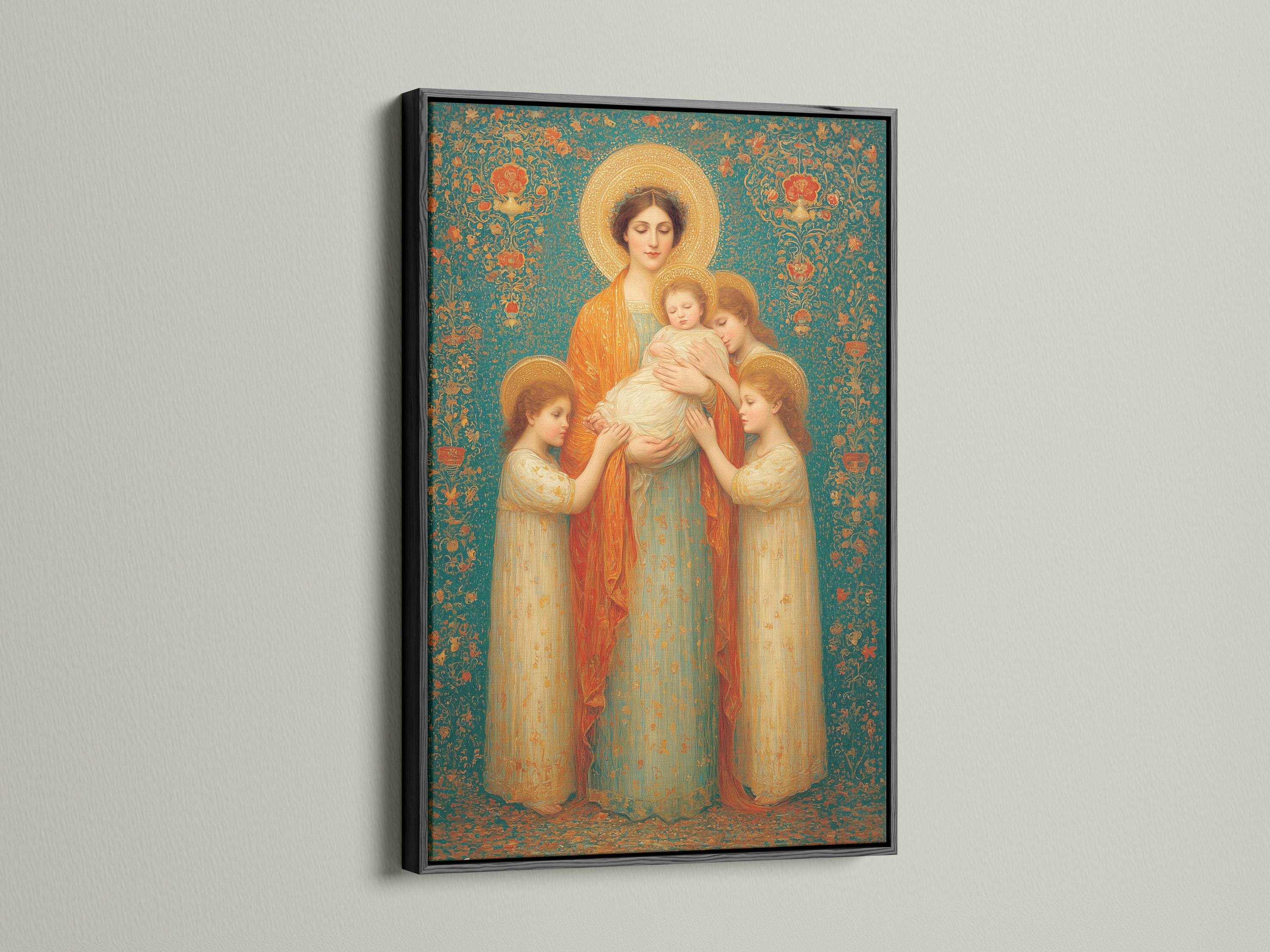 Portrait artwork mockup of a framed Madonna and child scene with teal floral background