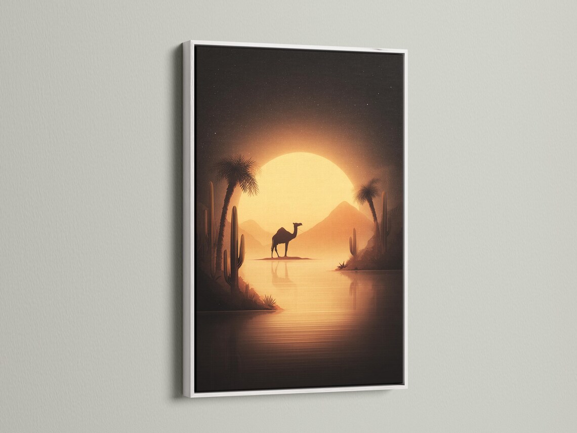 Camel silhouette in a desert sunset scene with a glowing sun, cacti, palm trees and distant mountains detail view