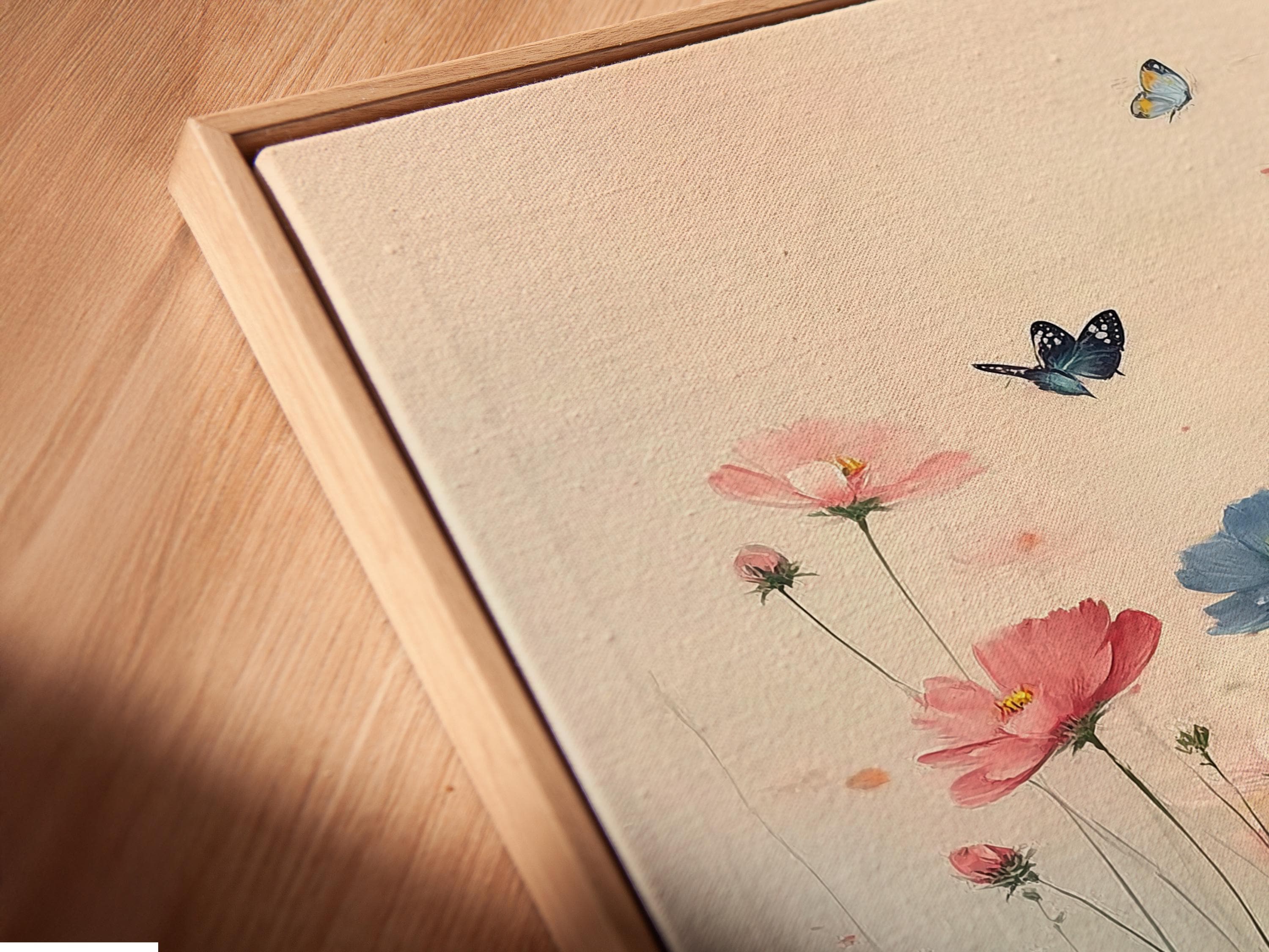 Pastel meadow flowers with butterflies floating above blue-green stems detail view
