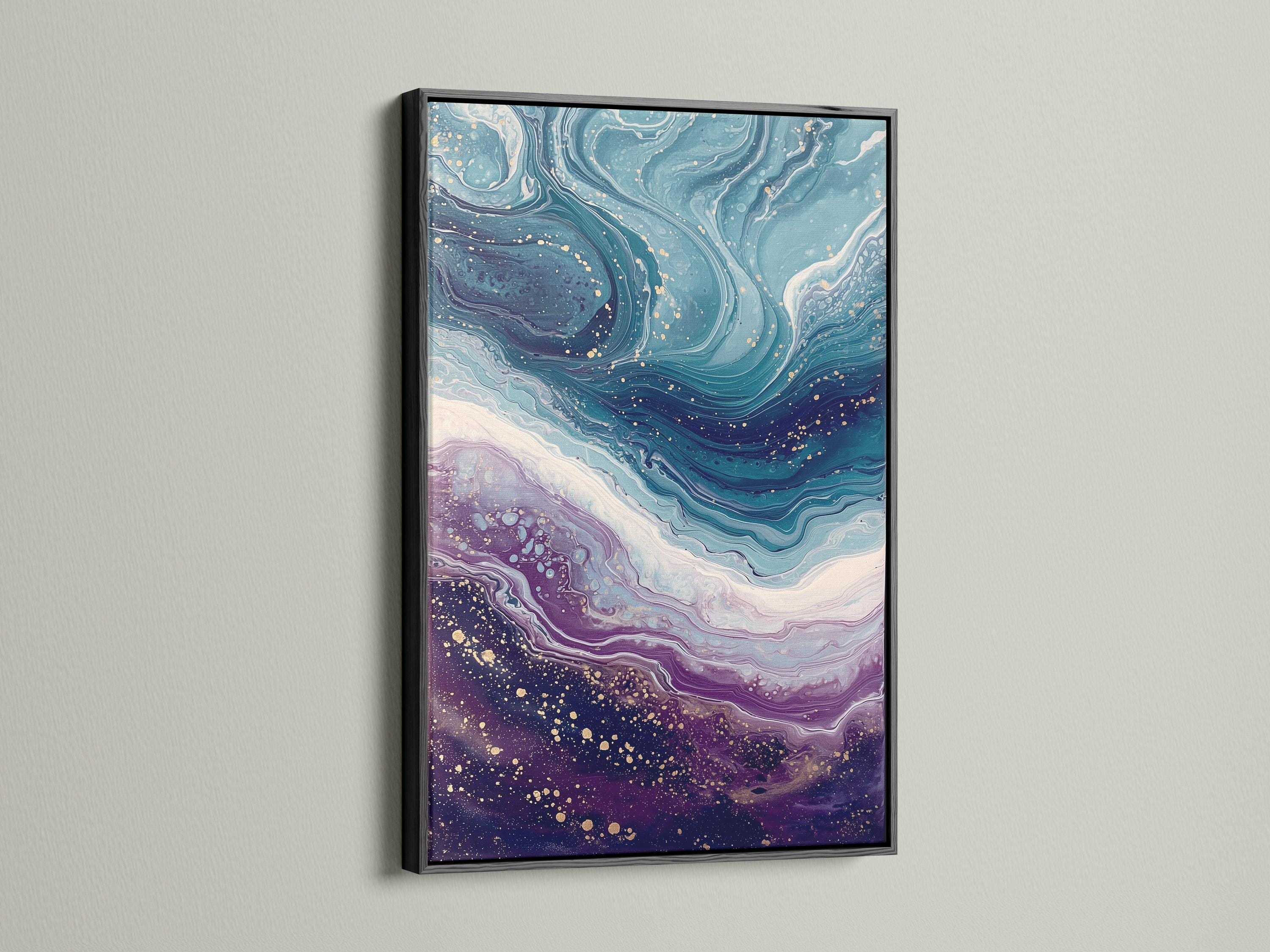 Fluid abstract wave artwork with teal, purple and gold swirls and speckles detail view