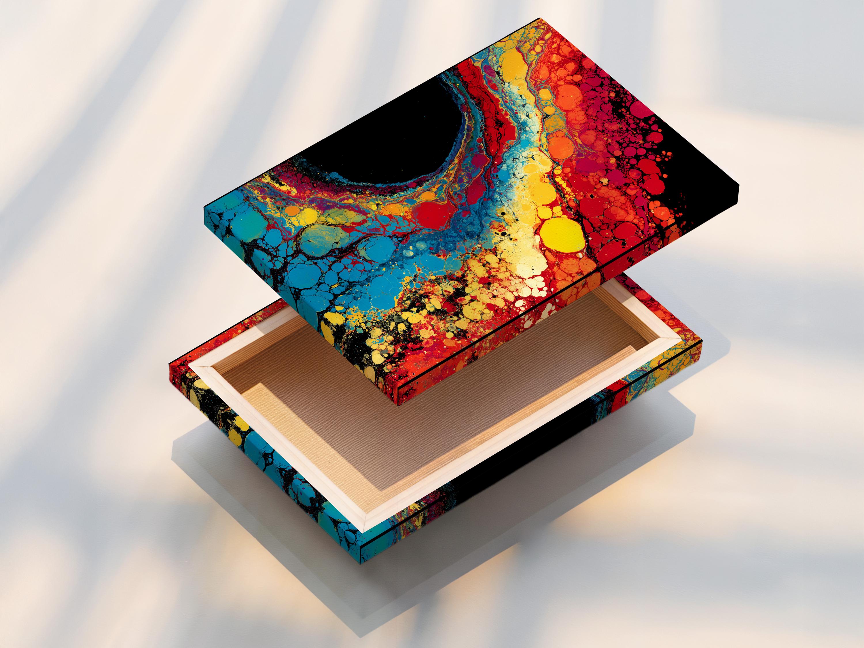 Fluid abstract artwork with red, blue, yellow and black bubble-like cells detail view