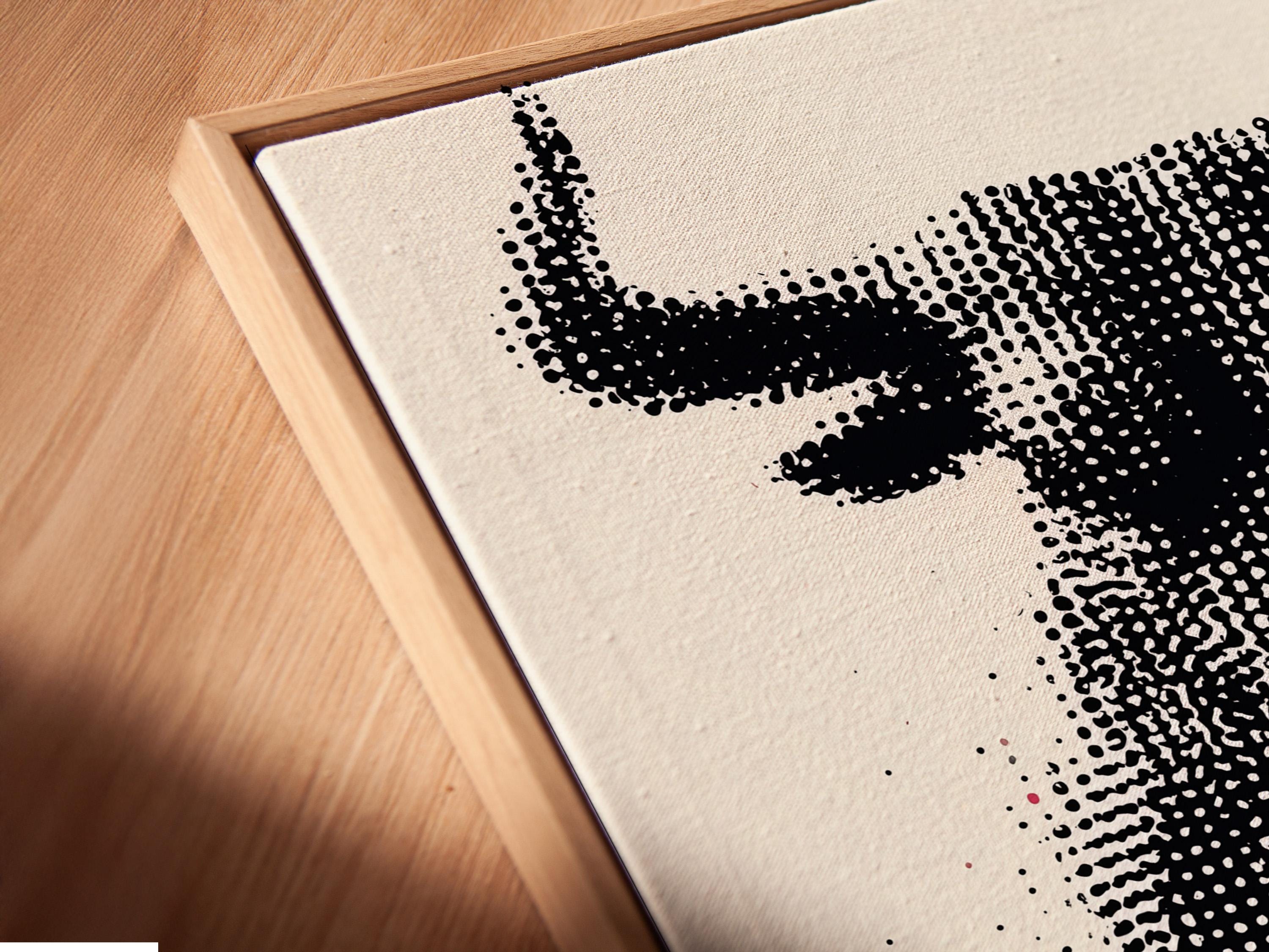 Black and white halftone bull head artwork with horns detail view
