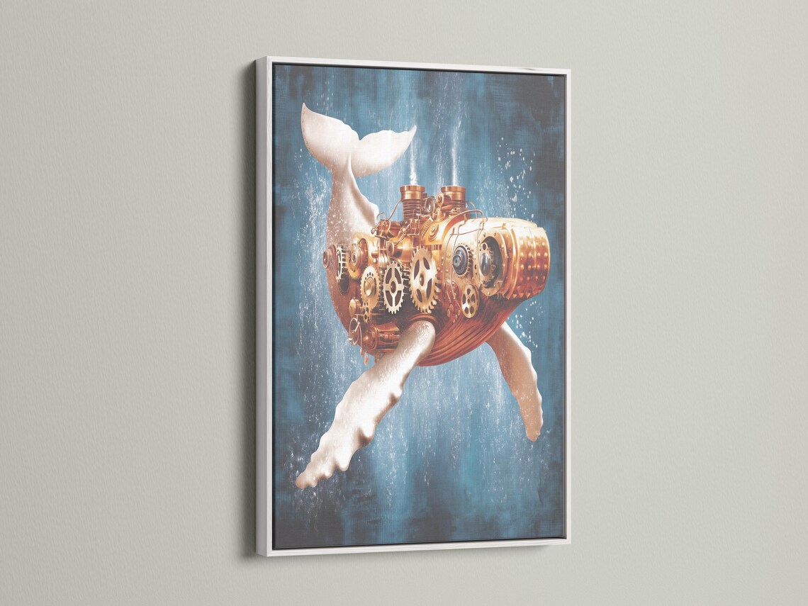 Mechanical whale with copper and gold gears on a textured blue background detail view