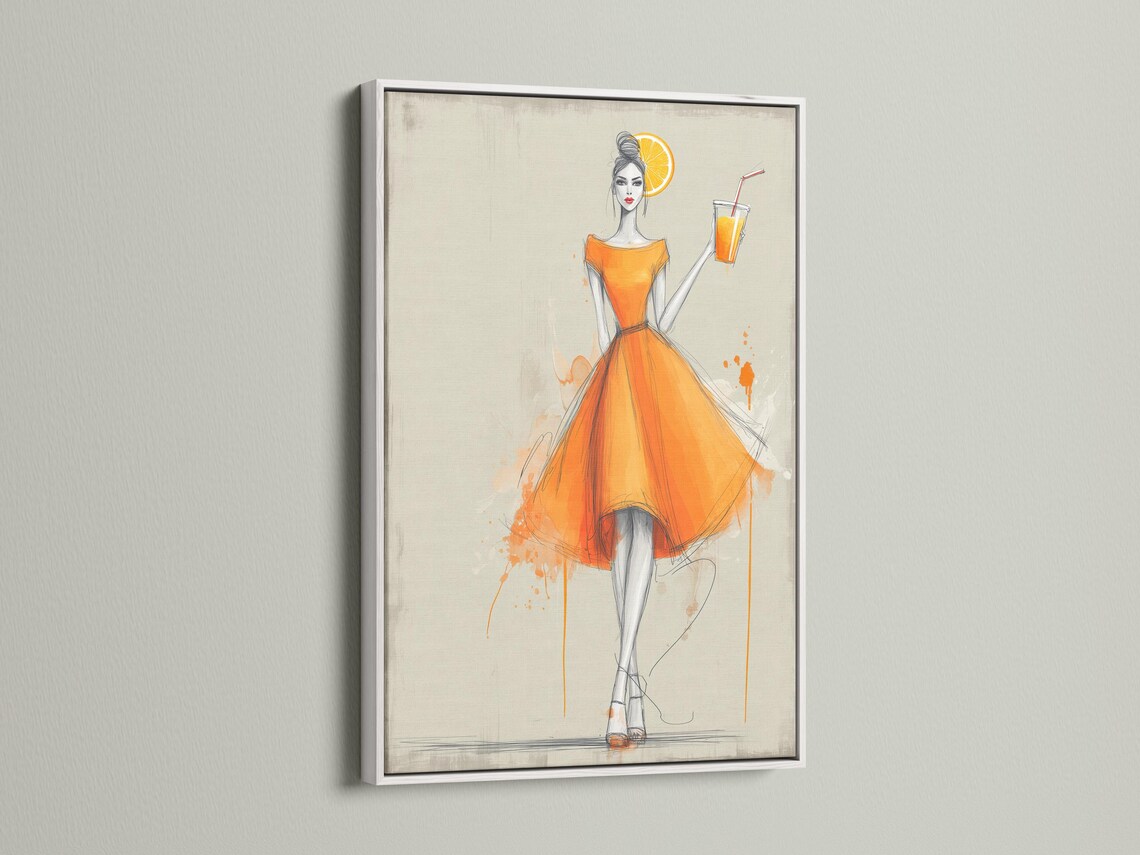 Stylised woman in an orange dress holding a drink with an orange slice against a pale background detail view