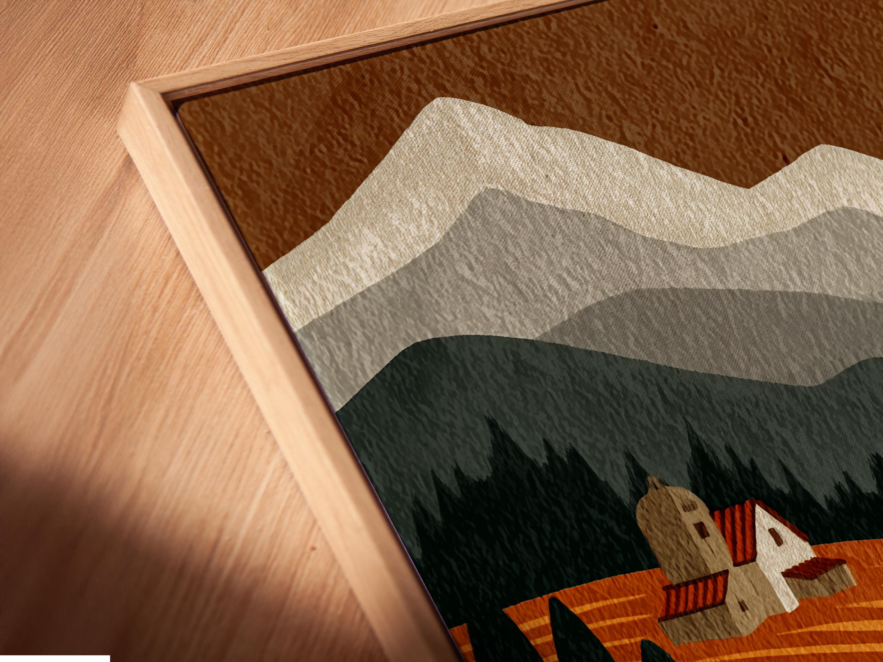 Stylised countryside landscape with terraced fields, farmhouse, trees, mountains and a warm sun detail view