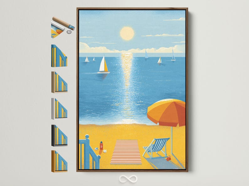 Illustrated beach and ocean scene with sailboats, a glowing sun, and an orange umbrella on sandy shore