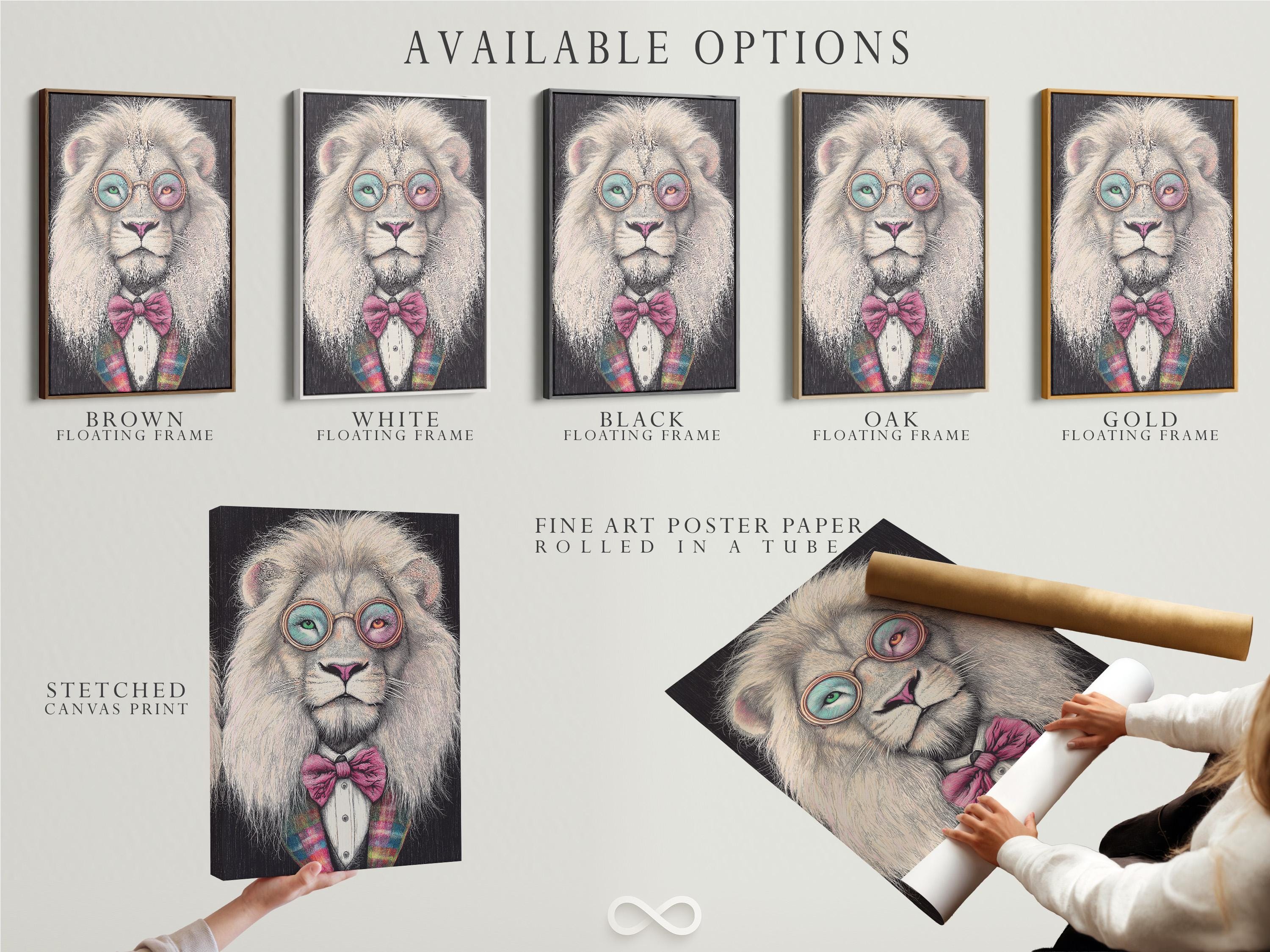 Stylised lion portrait with round glasses and a pink bow tie detail view