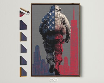 Patriotic Canvas Art Print - American Soldier Wall Decor, Military Artwork, Veteran Memorial, USA Flag, Red & Blue Cityscape, Gift for Him