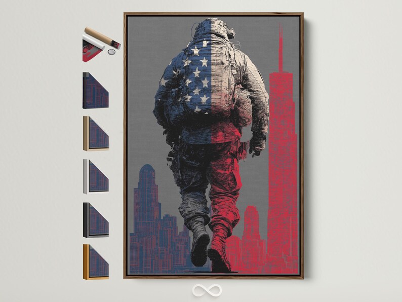 Distressed soldier illustration with blue star patchwork and red-and-navy city skyline