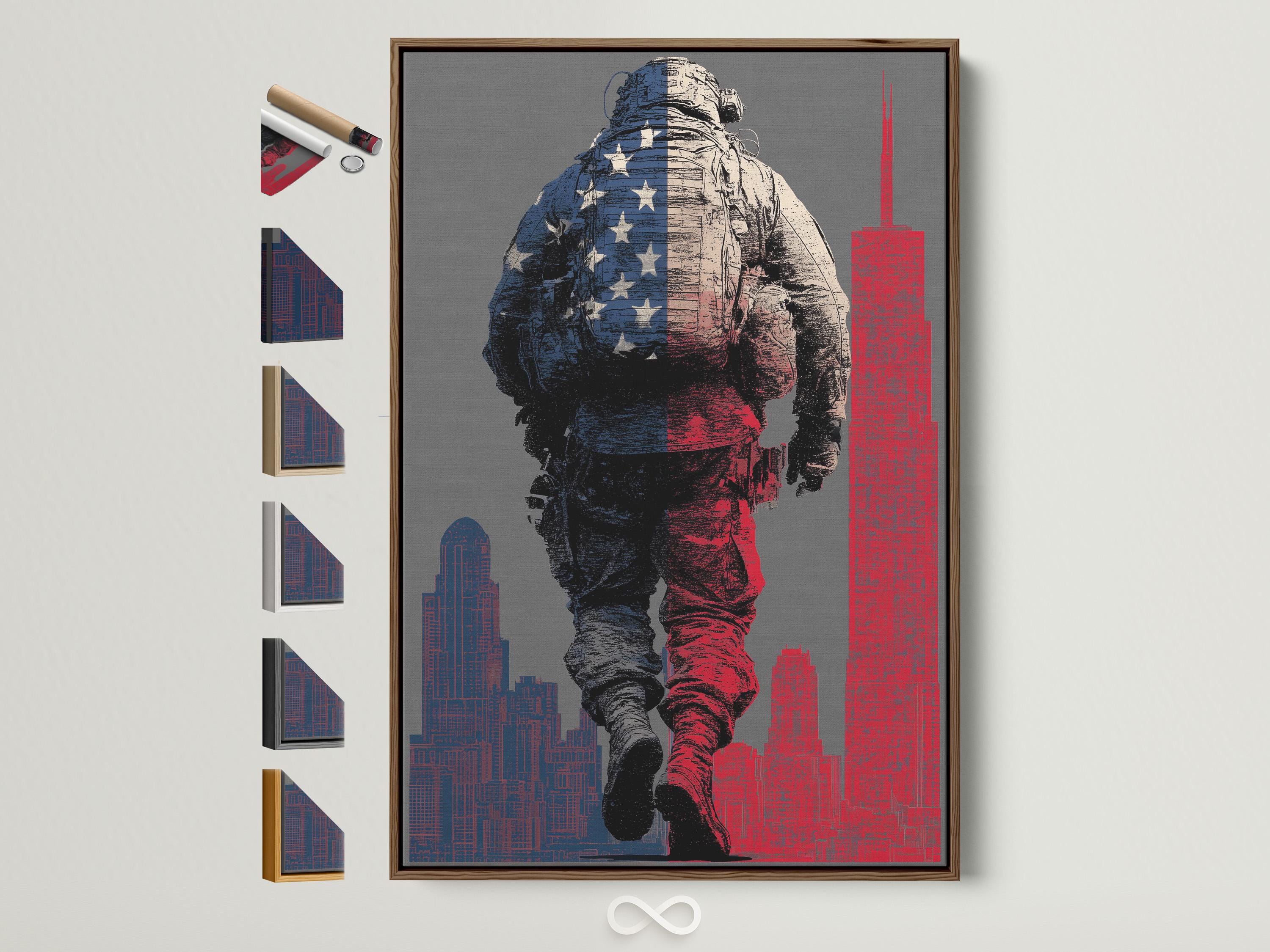 Distressed soldier illustration with blue star patchwork and red-and-navy city skyline