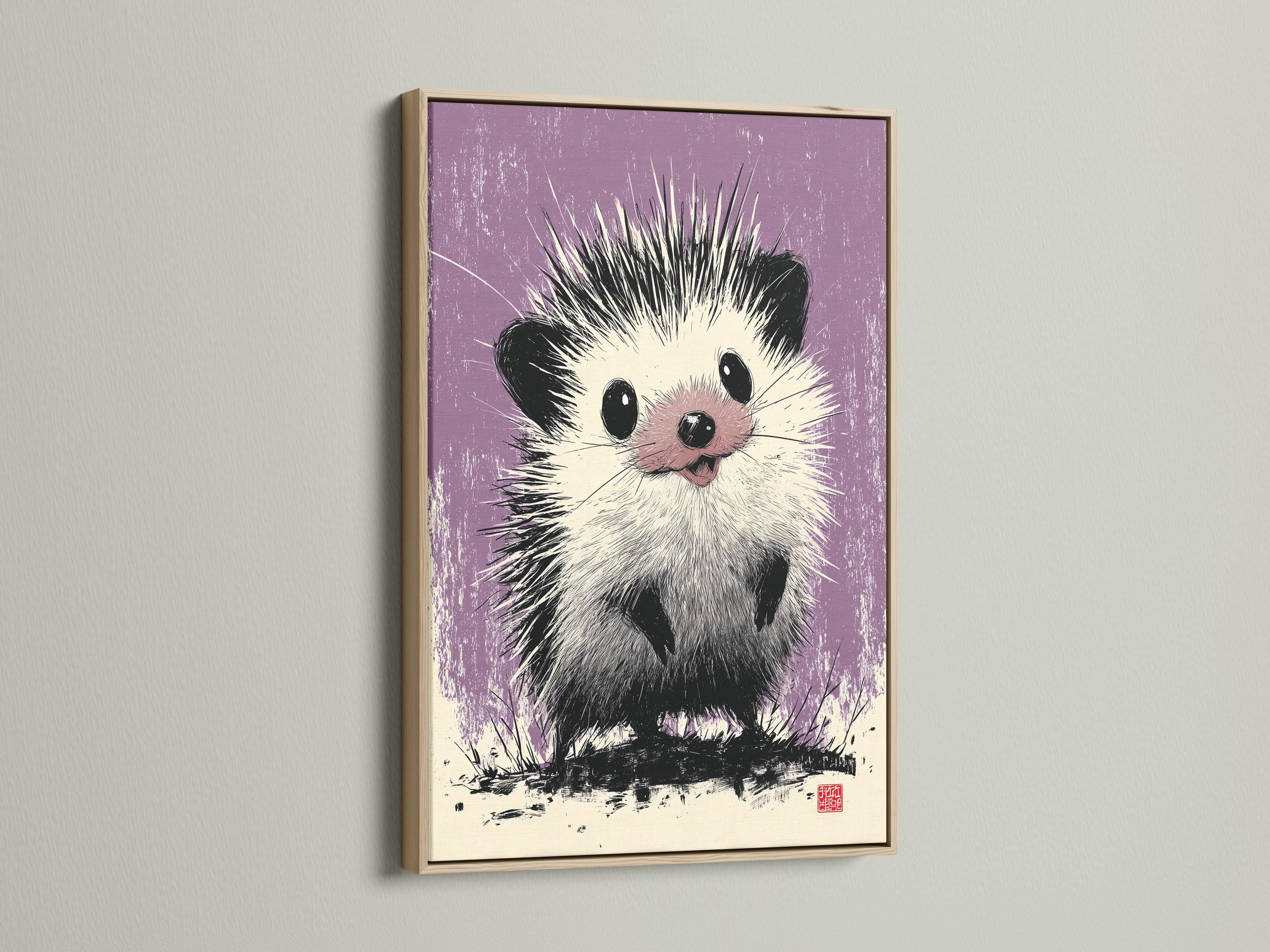 Hedgehog illustration in black and white on a textured lilac-purple background detail view