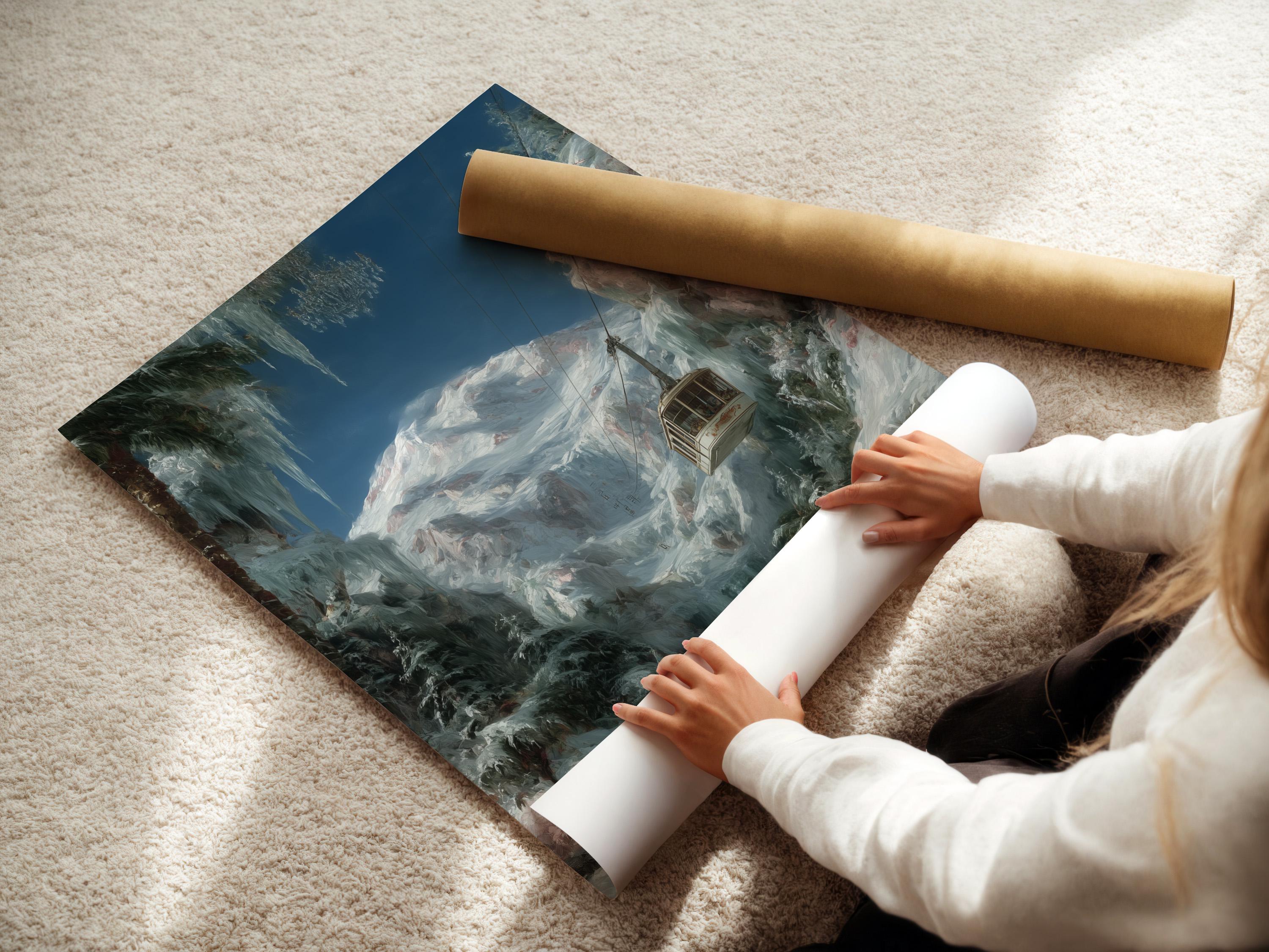 Wall mockup showing a framed snowy mountain cable car artwork on a light background