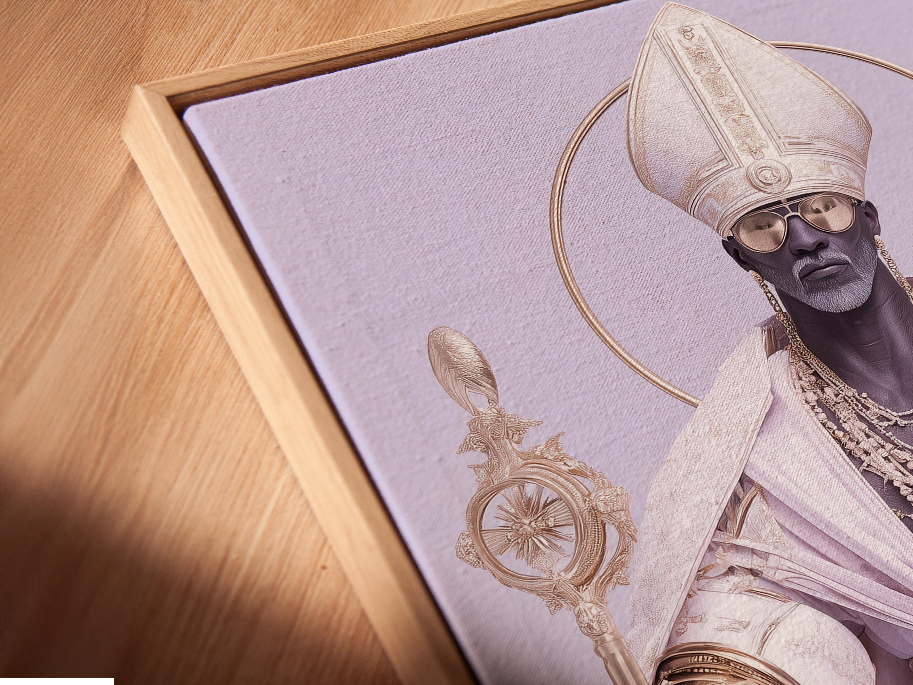 Regal robed figure with halo ring and black dog on a lavender background with gold ornaments detail view