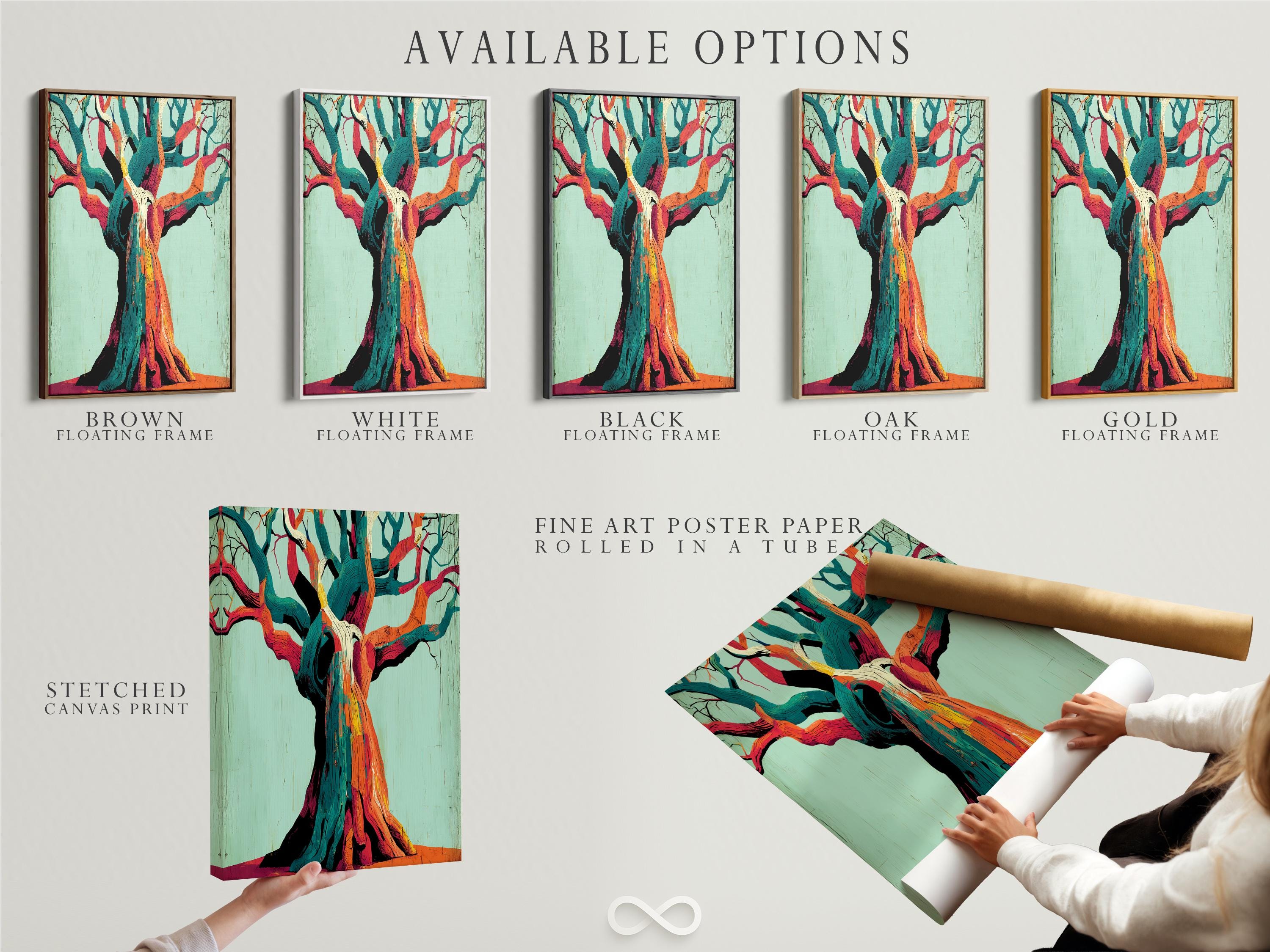 Stylised abstract tree with teal, orange and magenta branches on a pale mint background detail view