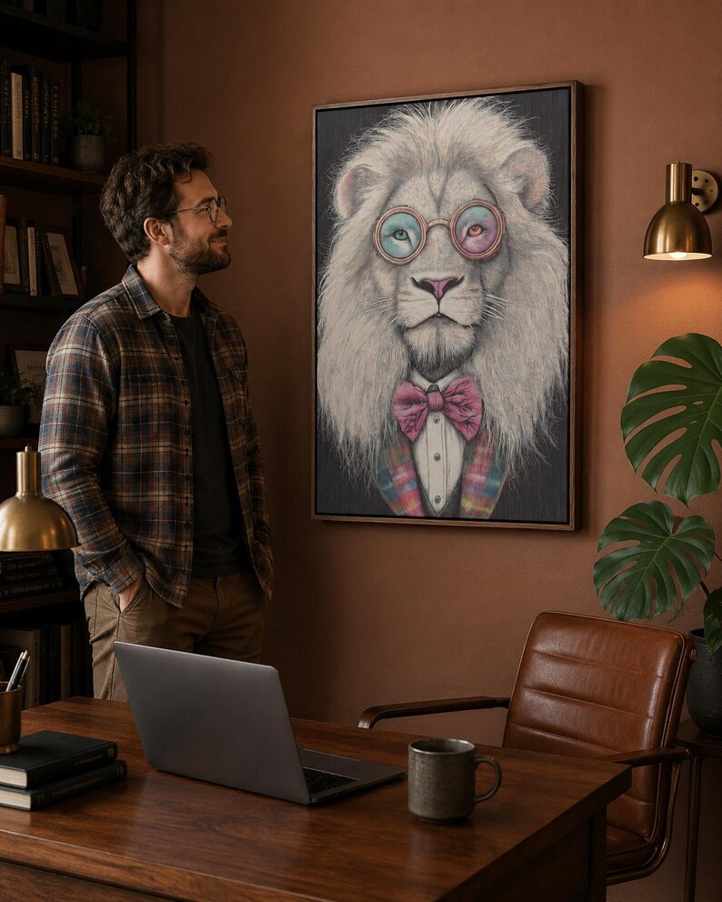 Stylised lion portrait with round glasses and a pink bow tie