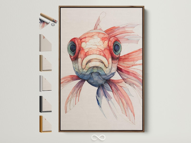Red and blue koi fish illustration with flowing fins on a light background