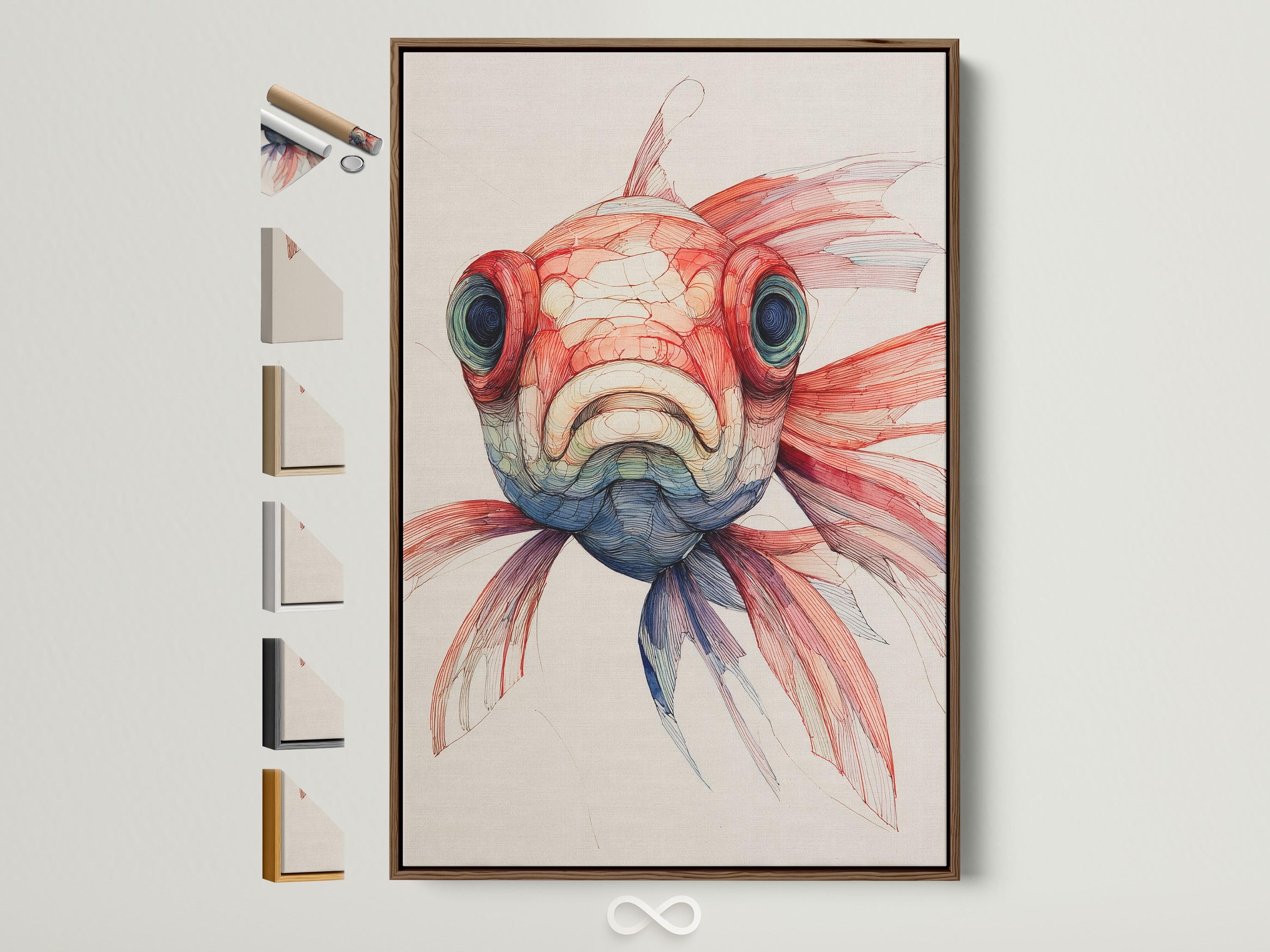 Red and blue koi fish illustration with flowing fins on a light background