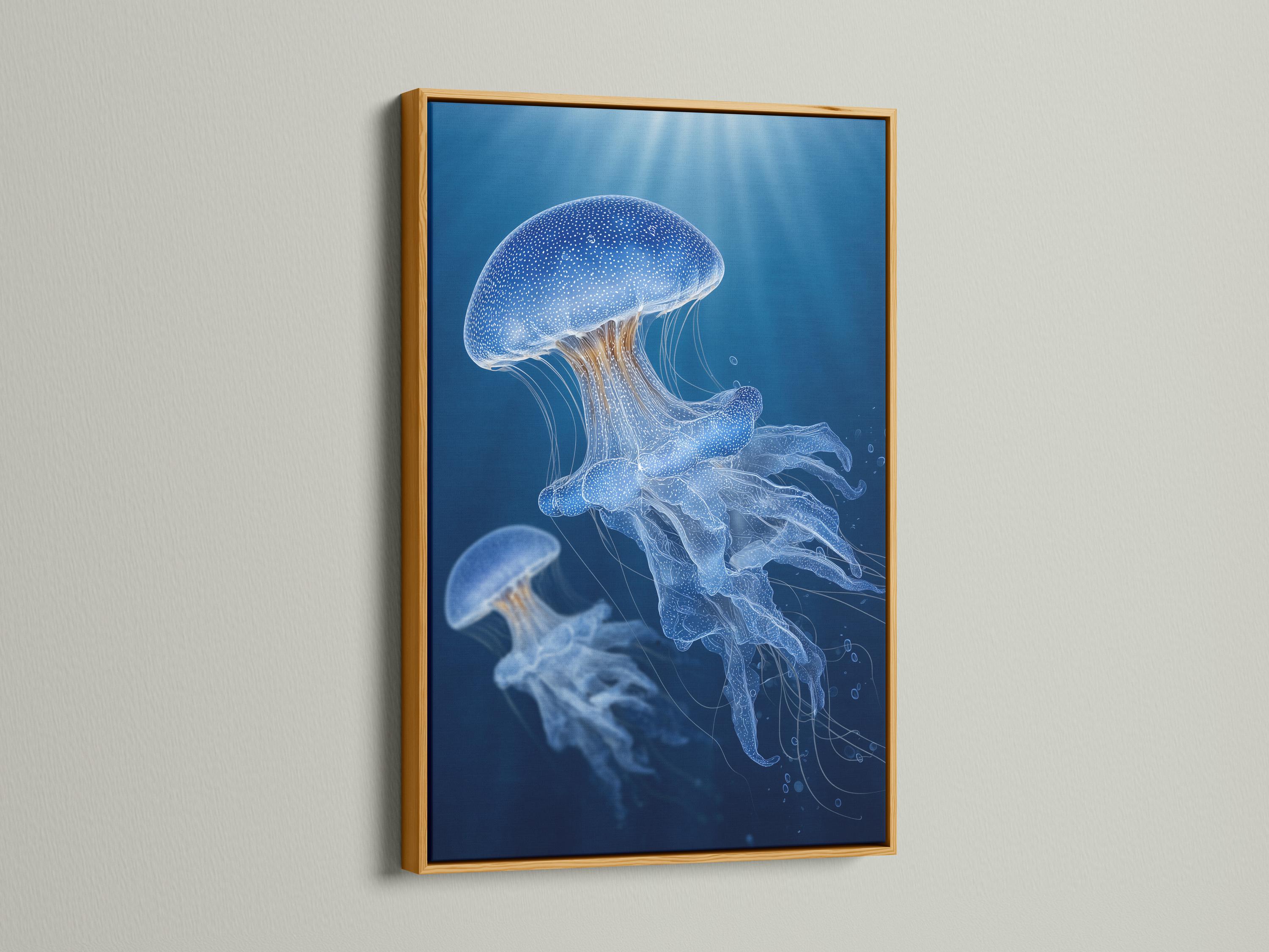 Wall mockup showing a blue jellyfish artwork in a framed display on a light wall