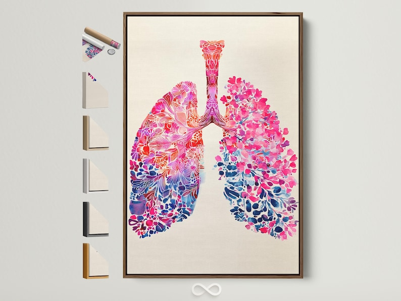 Floral lungs anatomy illustration in pink, magenta and blue with branching linework on an off-white background