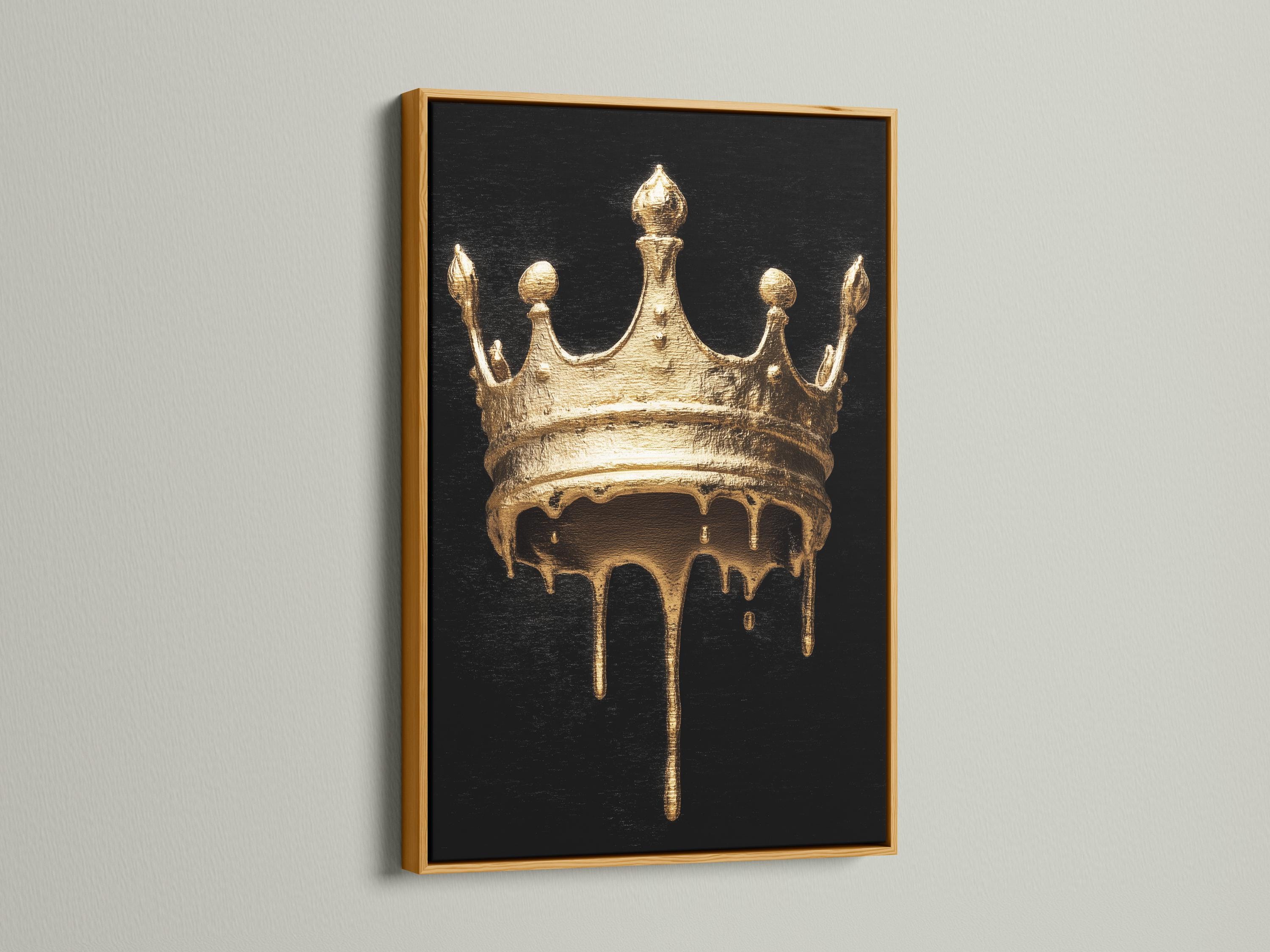 Person in a clothing store viewing a black-and-gold crown artwork on a gallery wall