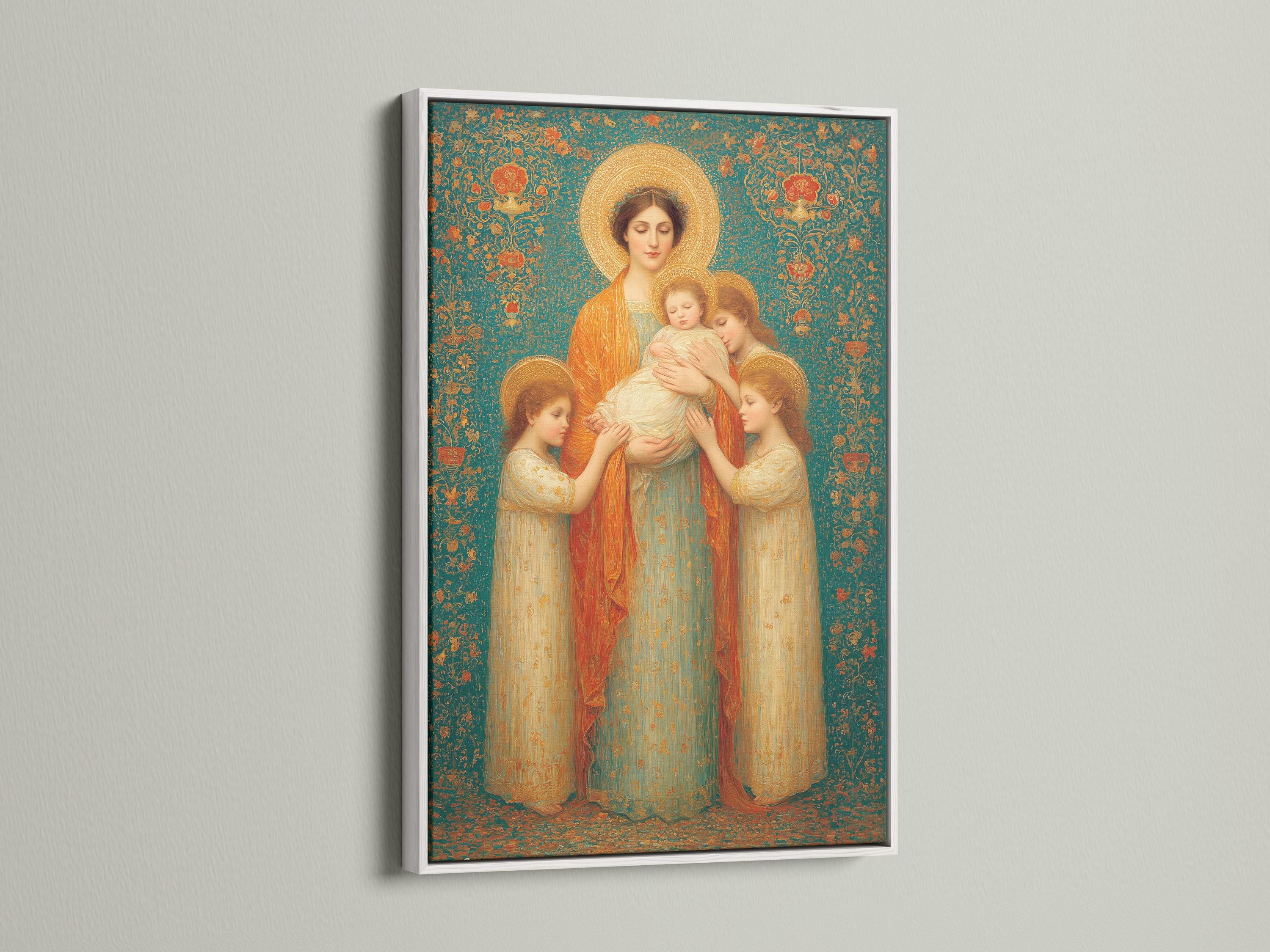 Portrait artwork mockup of a framed Madonna and child scene with teal floral background