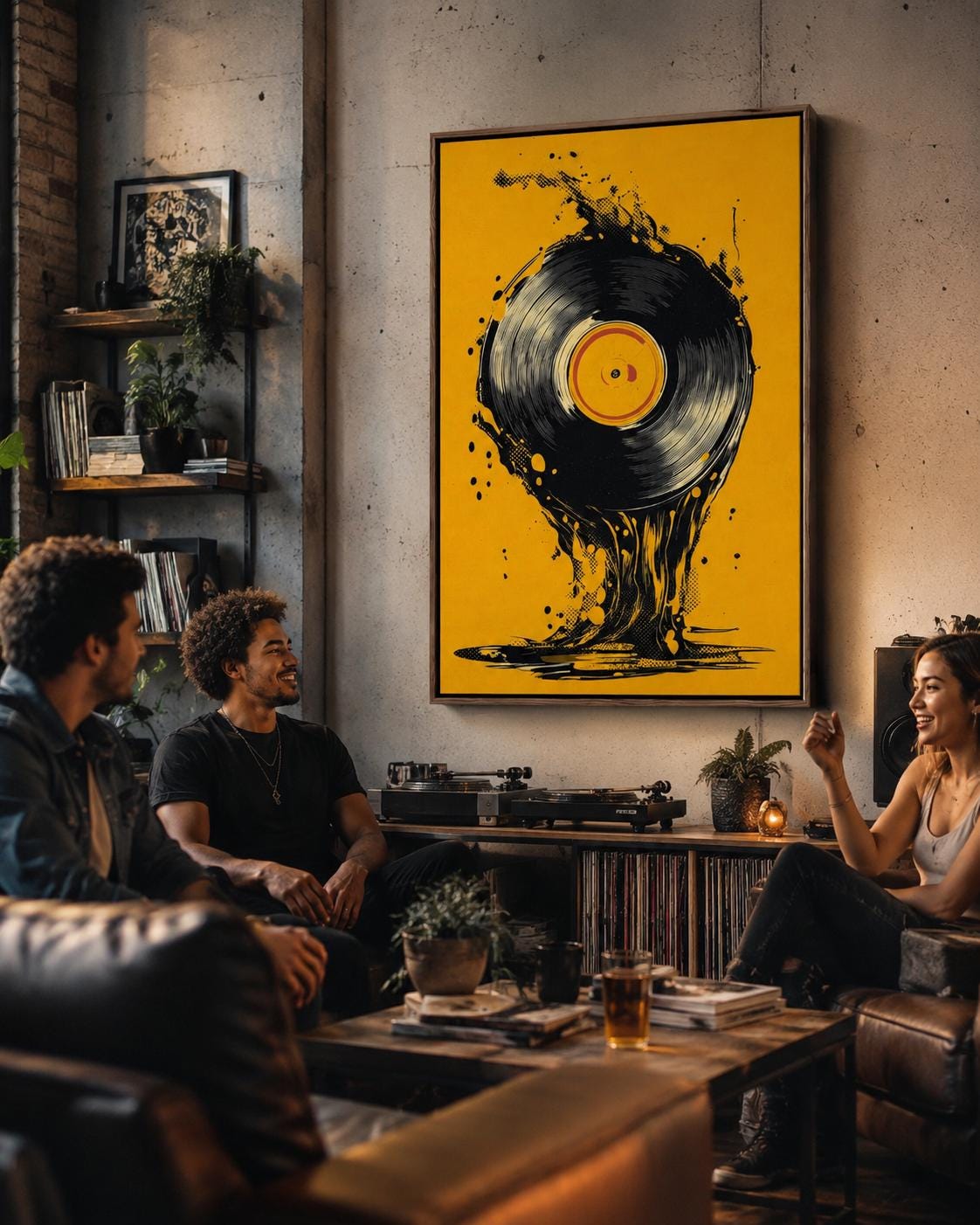 A man wearing headphones beside a music setup with a vinyl record artwork on a wall