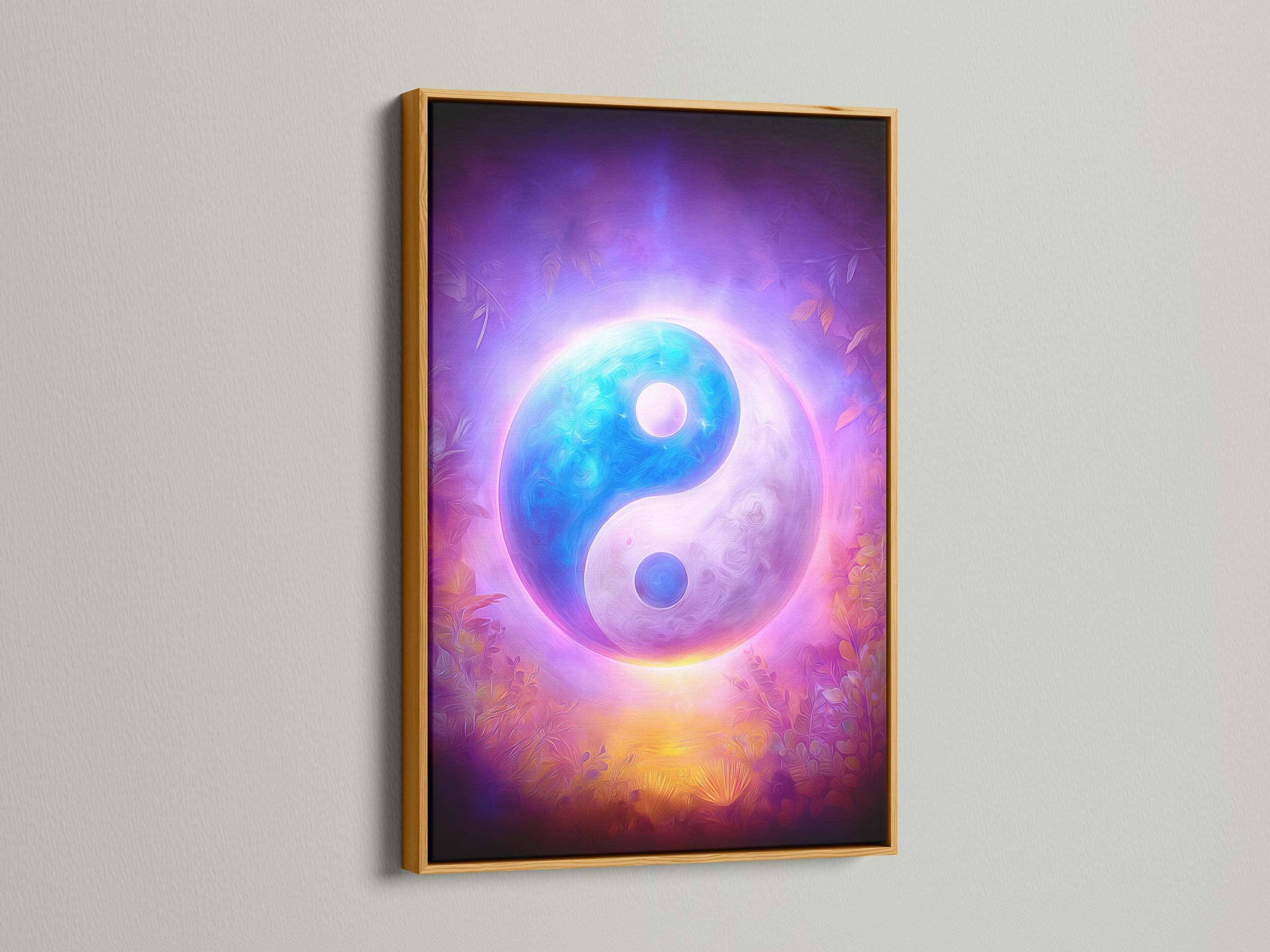 Room mockup showing a glowing purple and blue yin-yang artwork on a wall