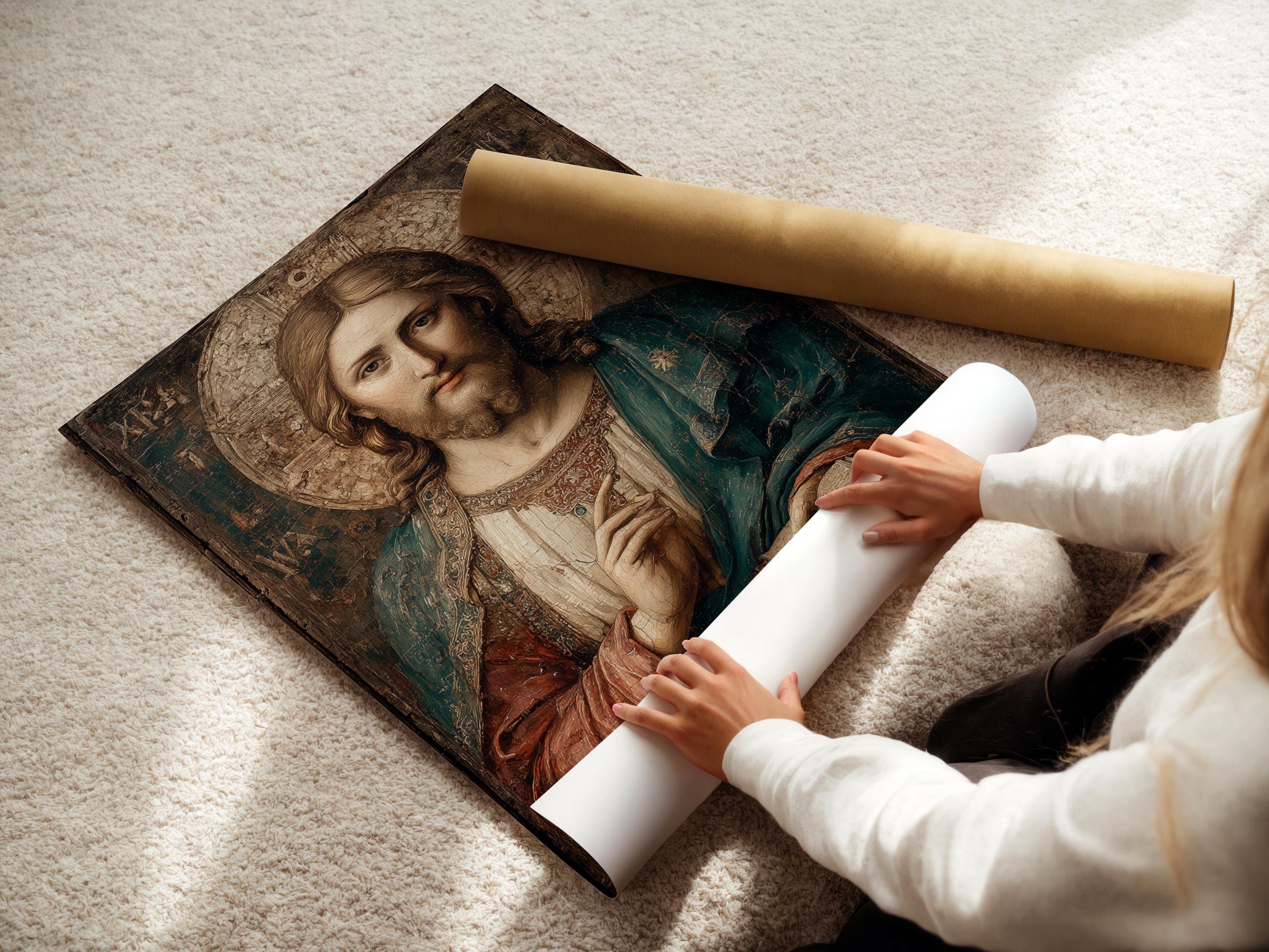 Mockup showing framed antique Jesus portrait on a wall with rolled art and other frames nearby