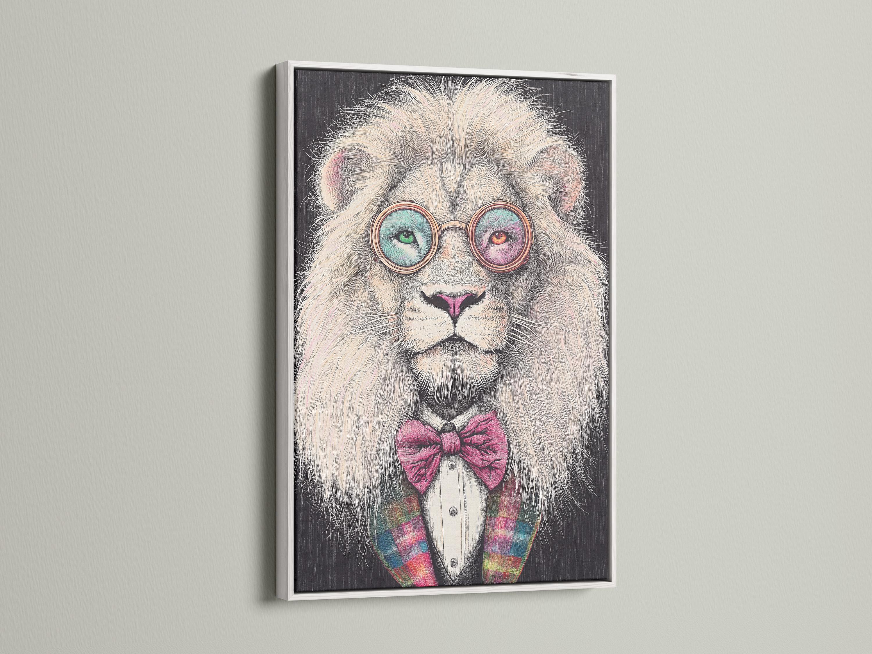 Stylised lion portrait with round glasses and a pink bow tie detail view
