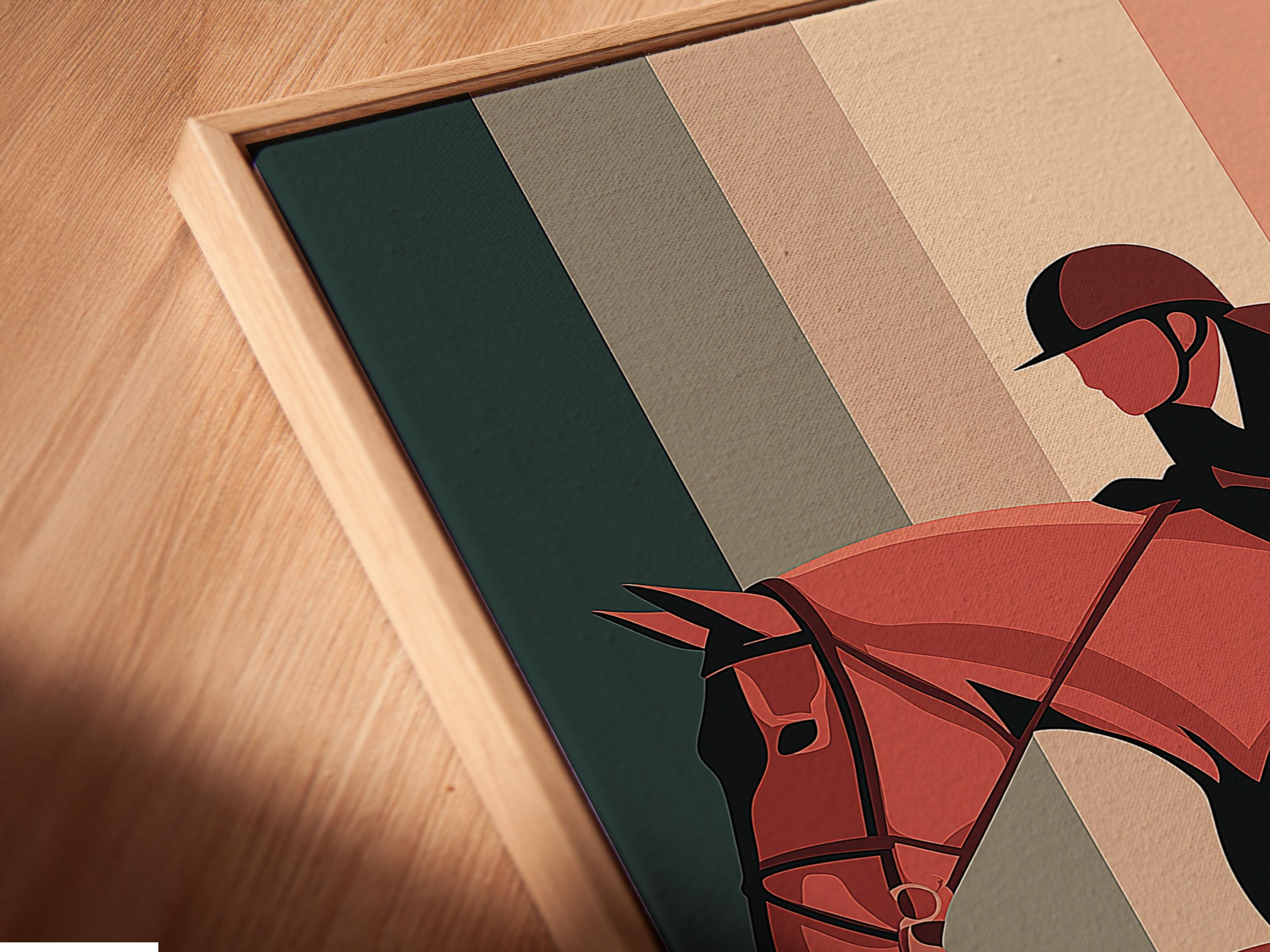 Room mockup with framed retro horse and rider artwork on striped background