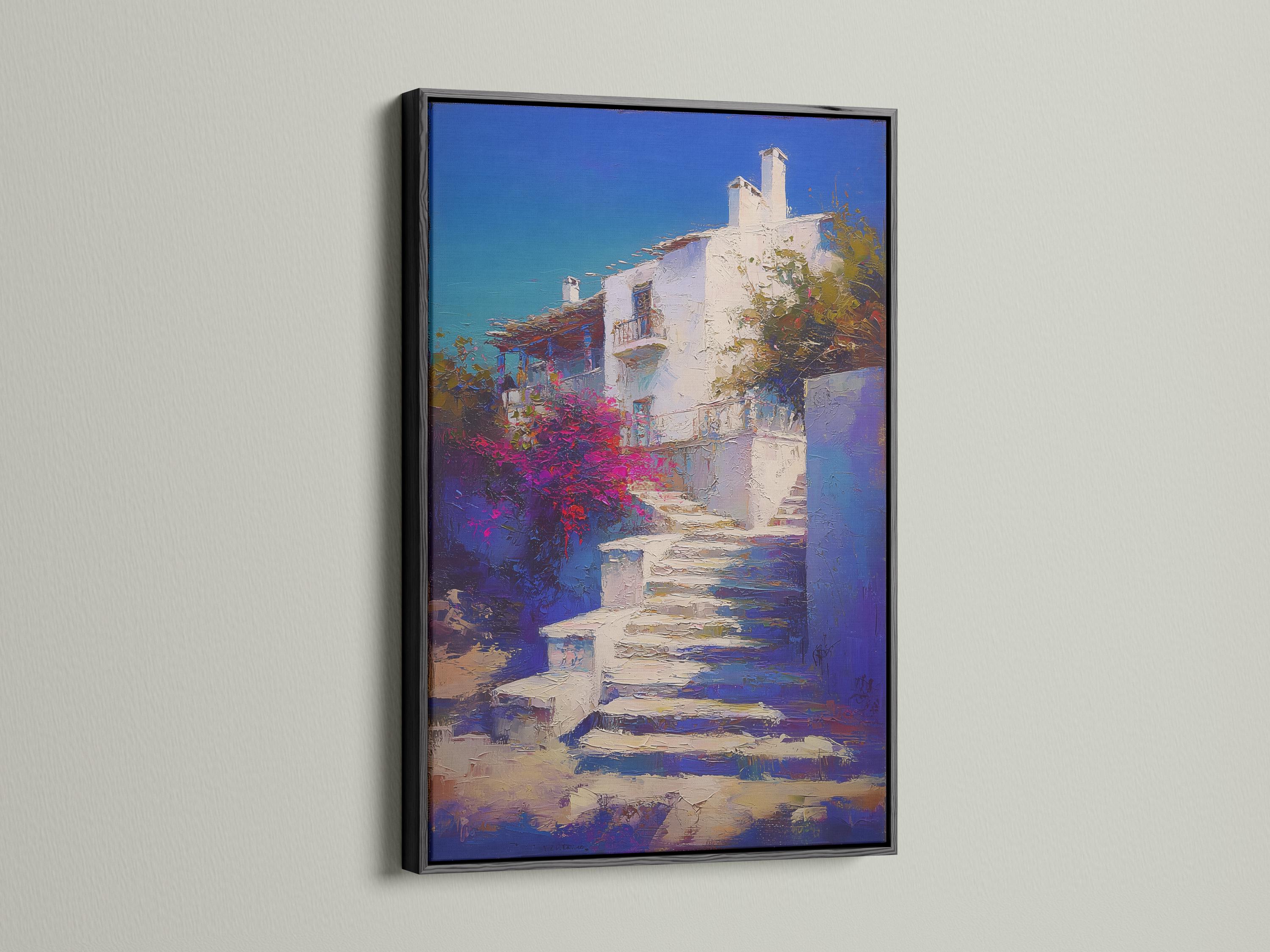 Painterly blue sky coastal buildings with whitewashed walls and vivid magenta vegetation detail view
