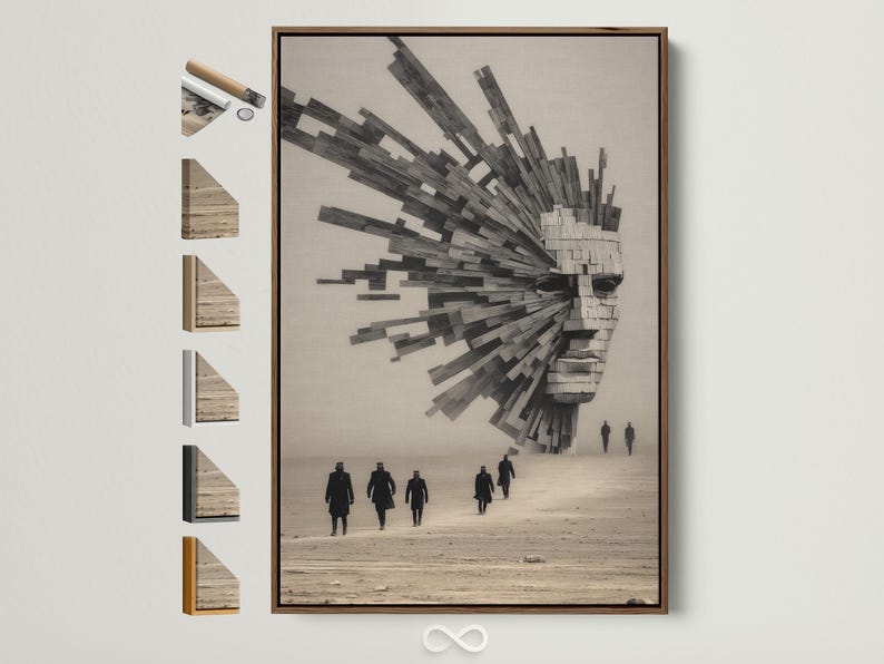 Monochrome geometric faceless face with black brick-like blocks and small walking figures