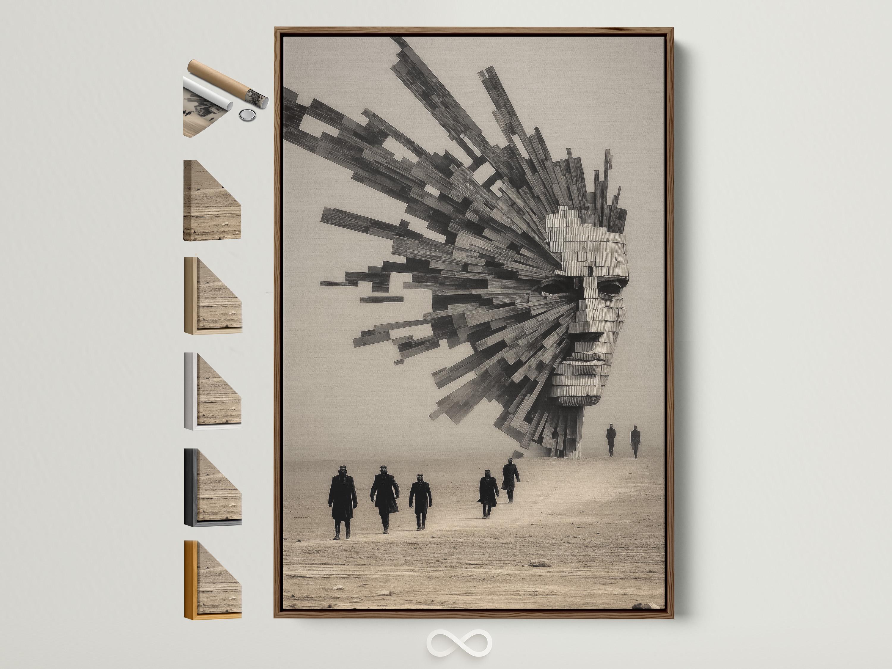 Monochrome geometric faceless face with black brick-like blocks and small walking figures