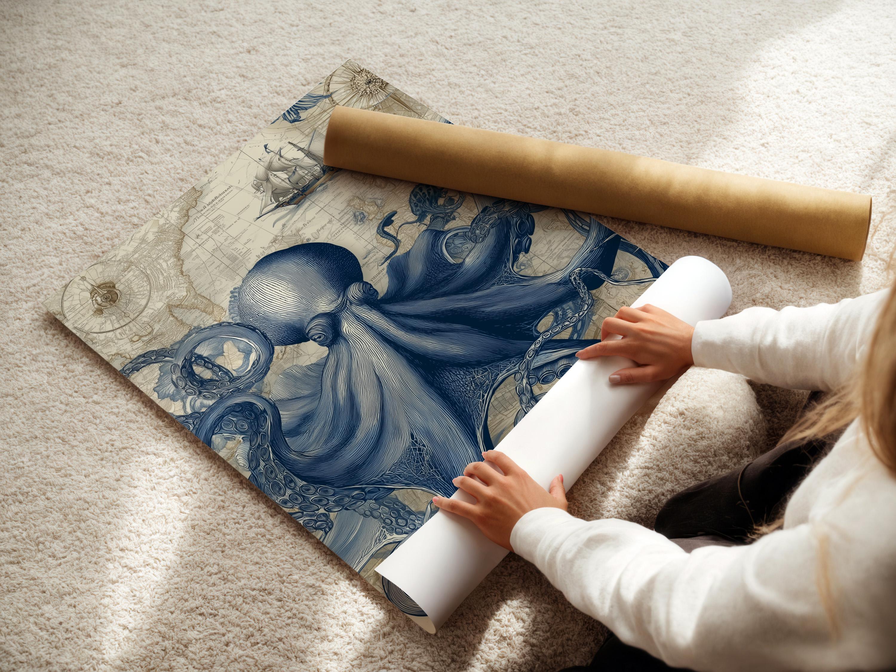 Blue octopus illustration over a vintage map background with a small sailboat detail view