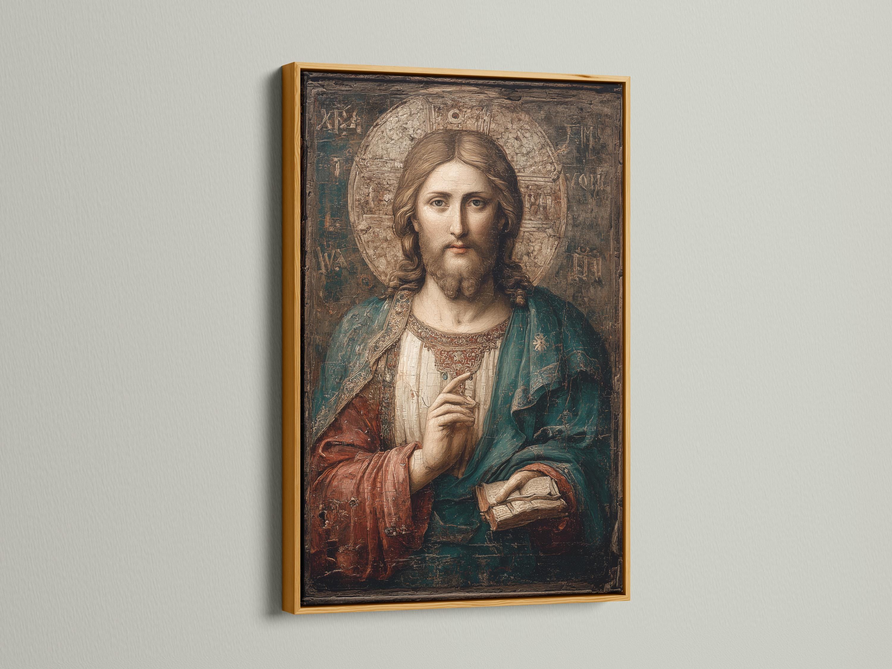 Mockup showing framed antique Jesus portrait on a wall with rolled art and other frames nearby