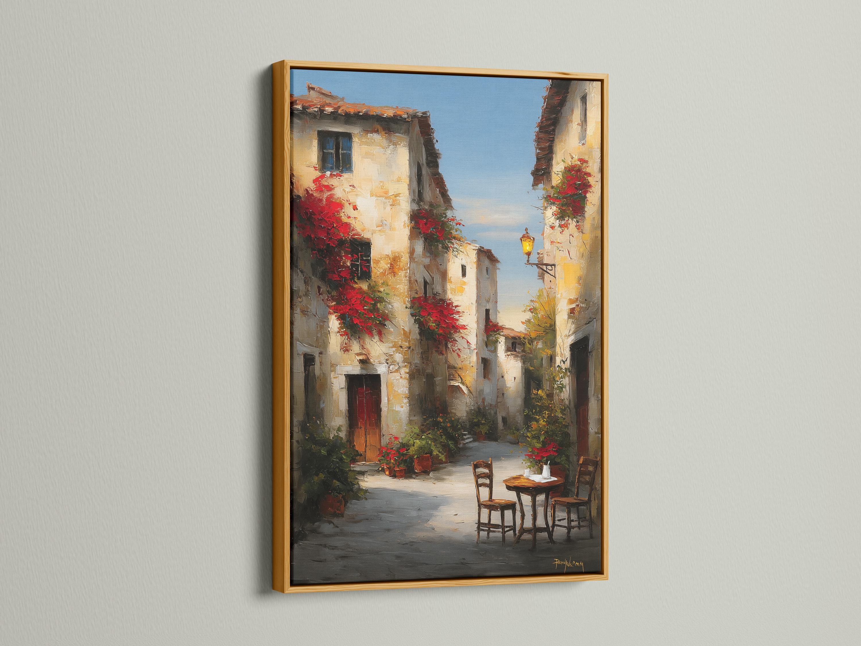 Painterly old-town street scene with red flowers, warm lantern light, and a small café table with chairs detail view