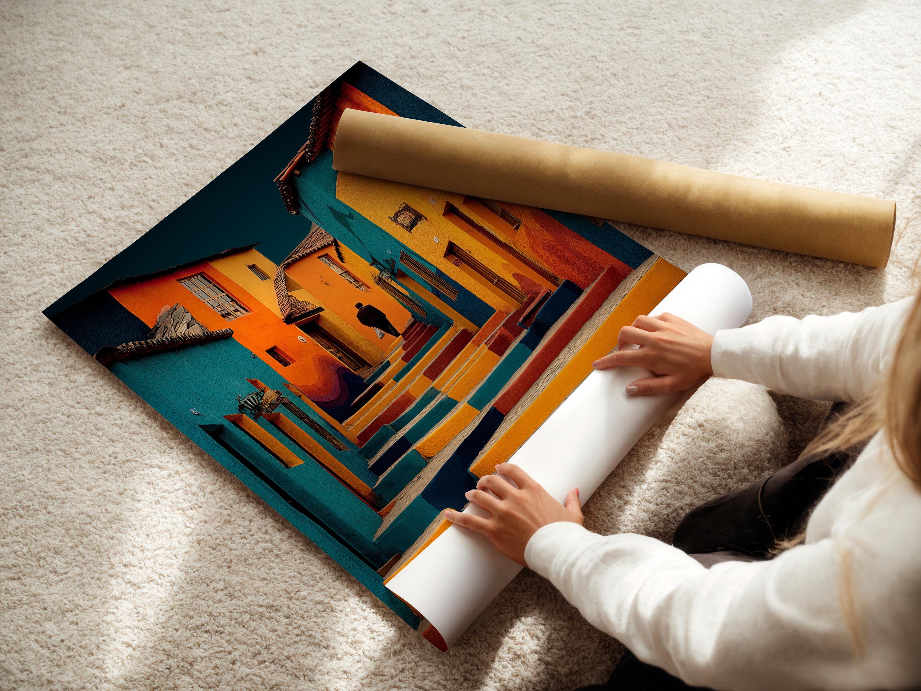 Colourful street steps artwork with teal, orange and deep blue buildings and a lone silhouette detail view