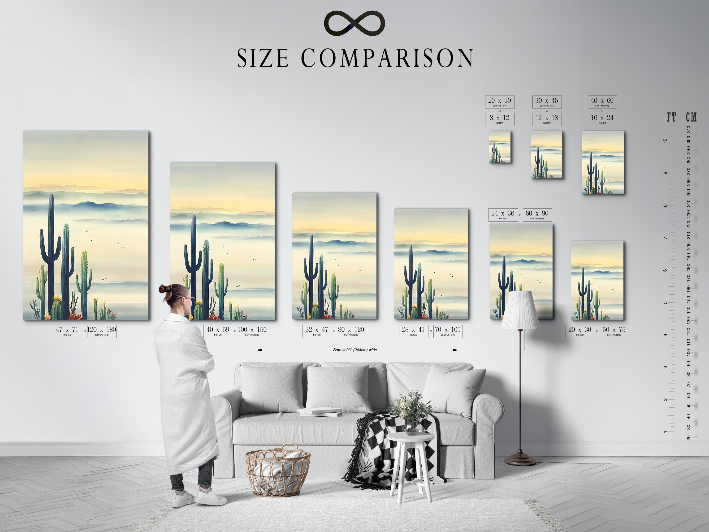 Illustrated desert landscape with tall cactus silhouettes, hazy blue distance layers and small birds detail view
